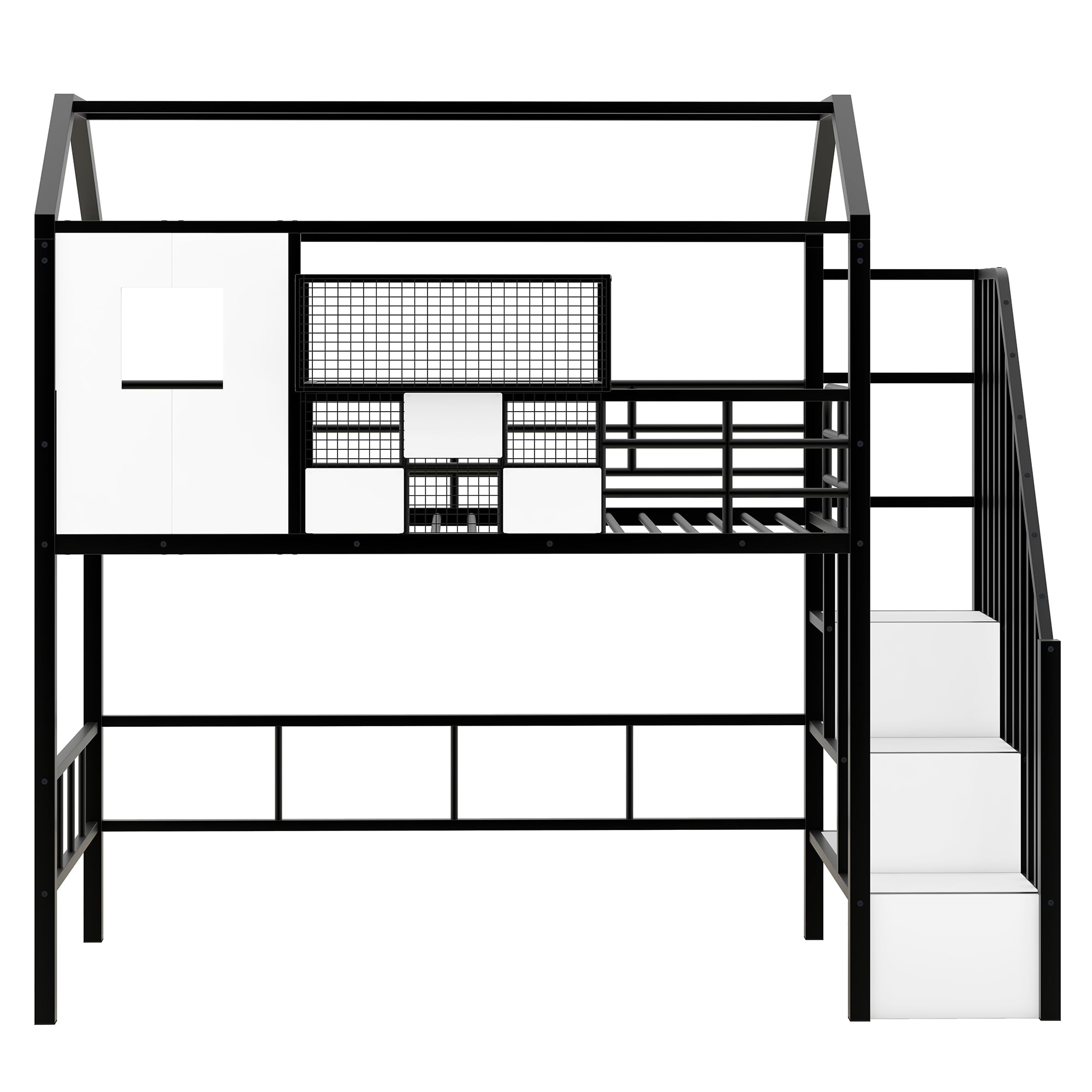 **Twin Size Loft Bed with Storage Stairs, Roof, Window & Guardrail – Metal House Loft Bed for Kids & Teens – Space-Saving Black Twin Loft Bed with Storage Box – Perfect for Small Rooms, Dormitories & Kids' Bedrooms**
