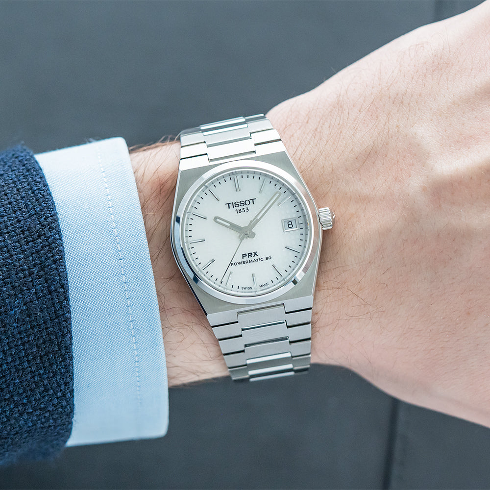 Tissot PRX Powermatic 80 Automatic Watch - 35mm Mother of Pearl White Dial on Stainless Steel Bracelet | Luxury Swiss Timepiece for Men, Business & Casual Wear
