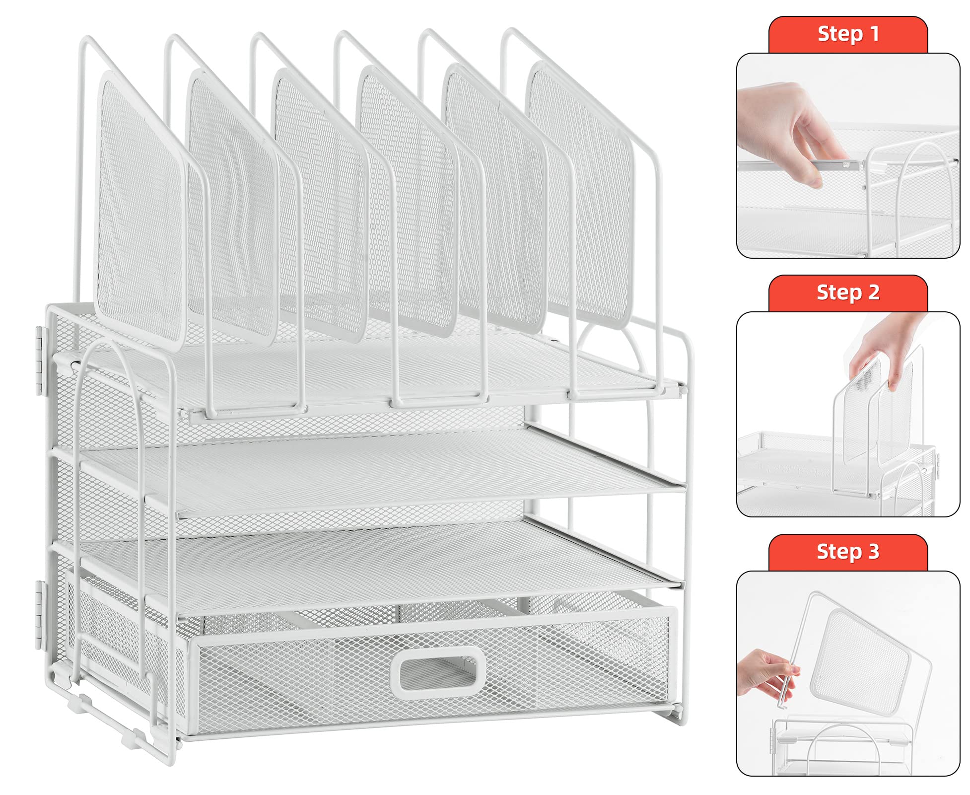 4-Tier Mesh Desk File Organizer with 5 Vertical File Holders & 2 Pen Holders - Multifunctional White Office Desk Organizer for Home & Workspace - Perfect for Paper Storage, Document Management & Office Supplies Organization