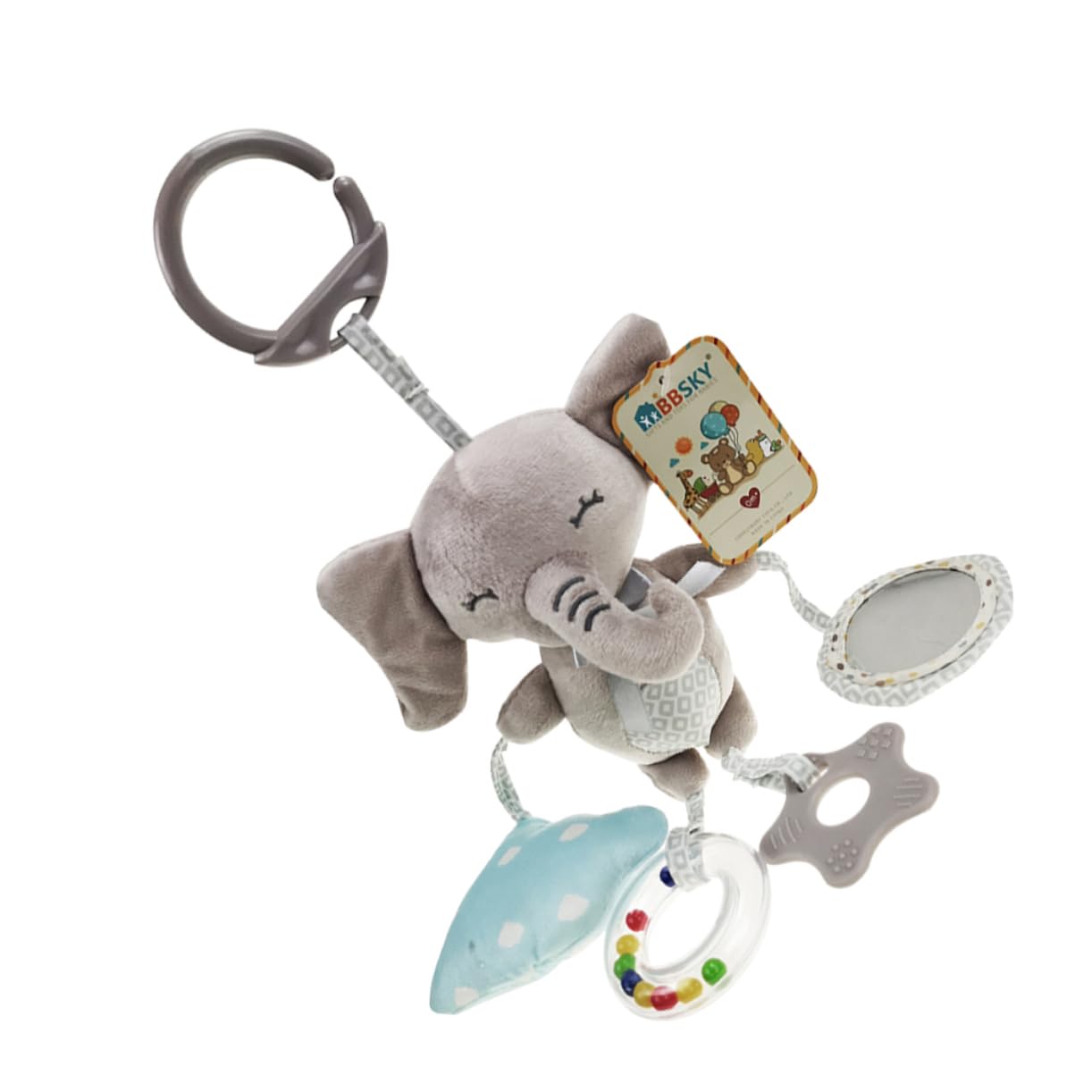 Vaguelly Animal Plush Rattle Toy - Grey Hanging Rattles for Babies & Toddlers - Perfect for Cribs, Strollers, and Playtime Fun
