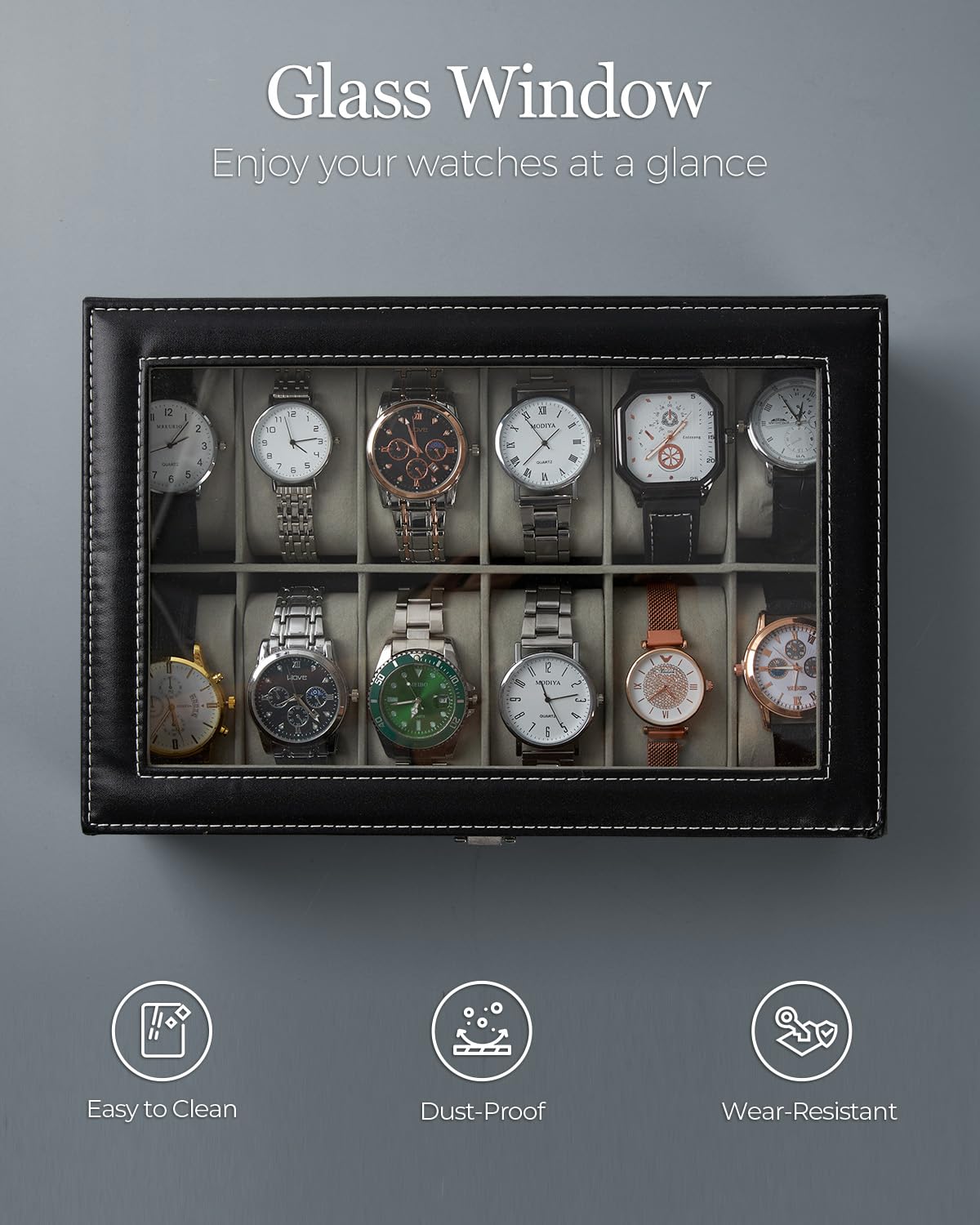 Ohuhu 12-Slot PU Leather Watch Box with Real Glass Lid - Soft Velvet Jewelry Organizer & Watch Display Case for Men and Women - Perfect for Watch Collection Storage, Birthday Gifts & Home Décor