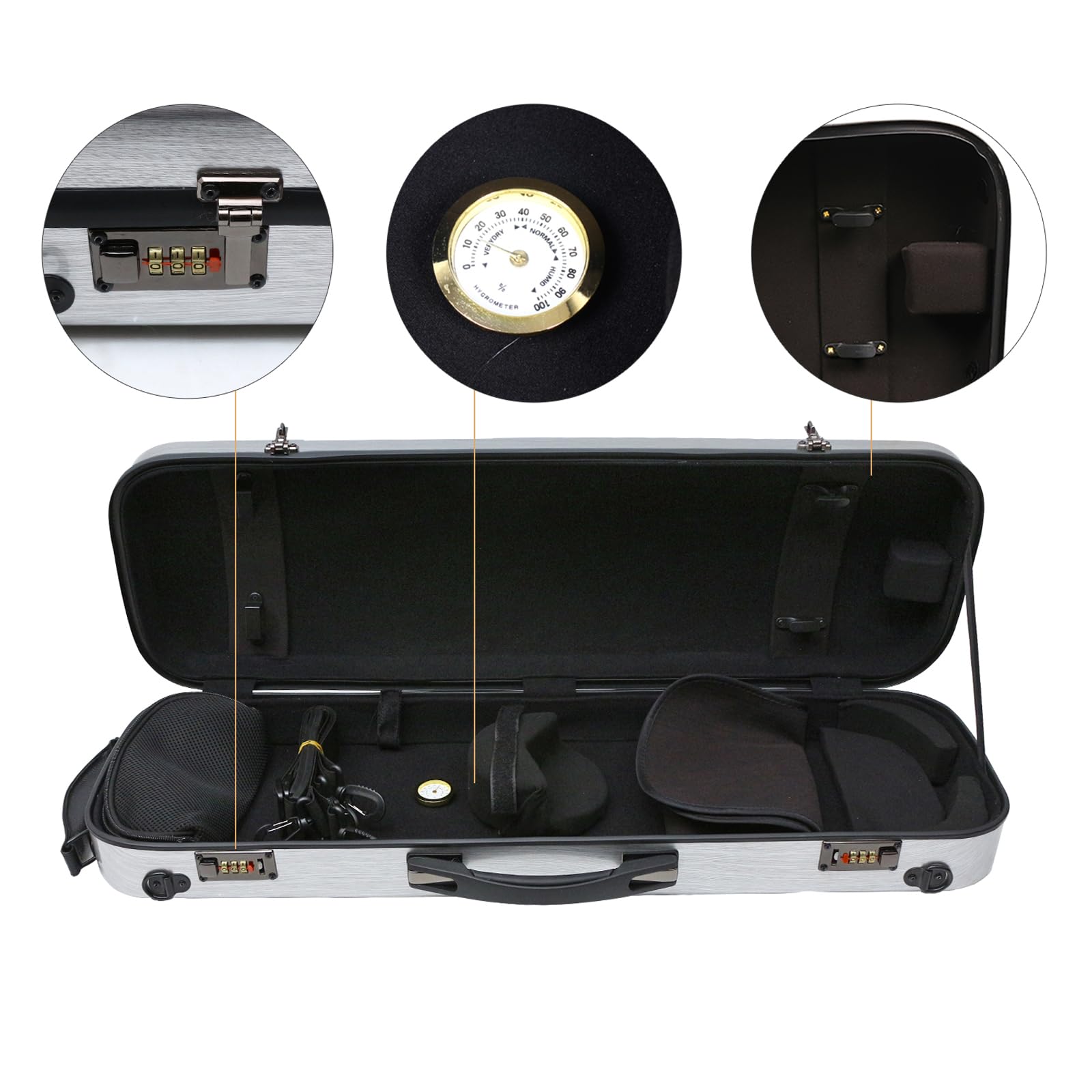 Premium 4/4 Full Size Carbon Fiber Oblong Violin Case - Hard Shell Rectangle Design with Soft Padding, Back Straps & Music Sheet Bag (Silver with Code Lock) - Perfect for Professional Musicians, Travel & Storage Protection