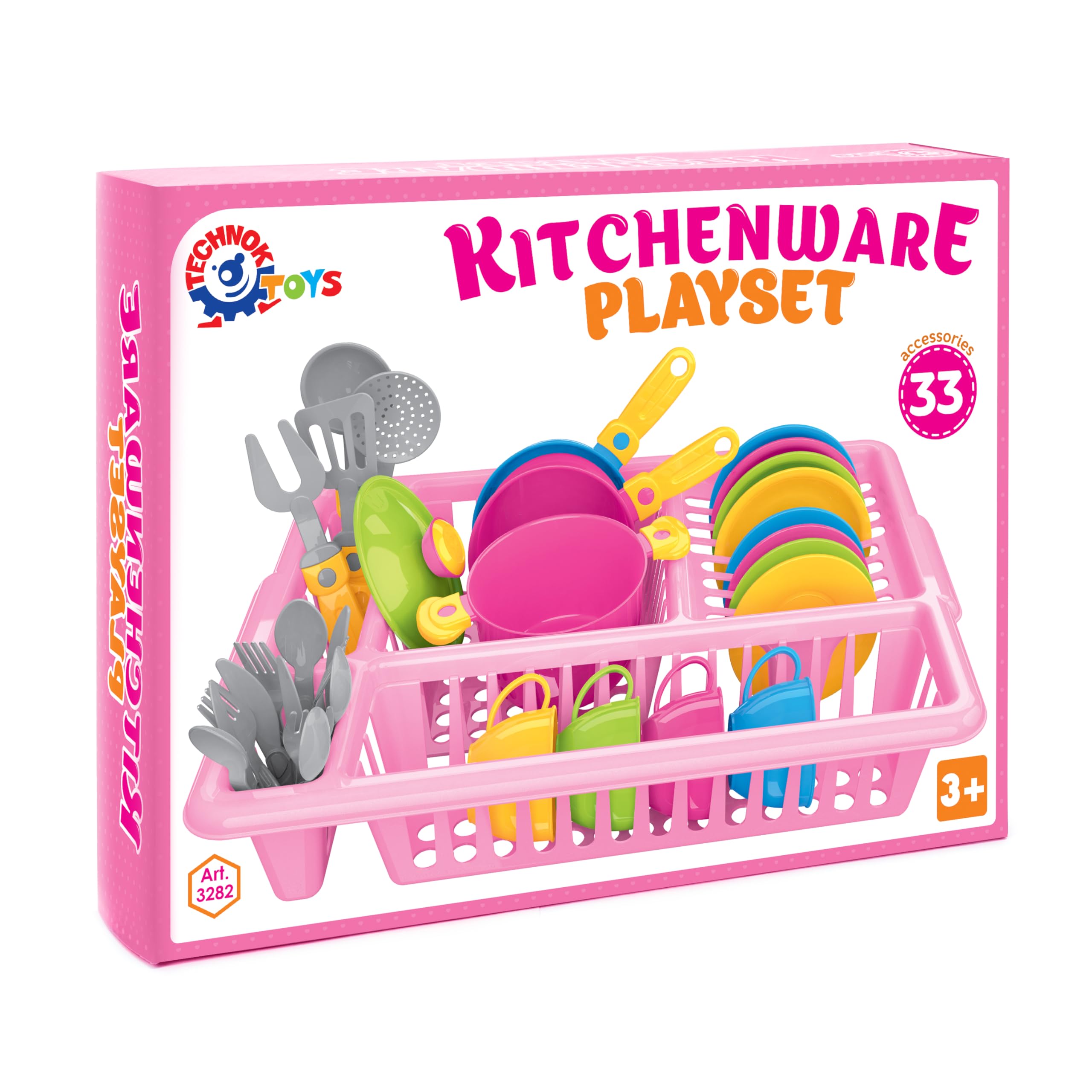 Colorful 33-Piece Kids Pretend Play Kitchen Dishes Set with Drainer - Durable Toy Cookware & Tableware for Toddlers | Perfect for Role Play, Tea Parties & Learning Fun (Pink)