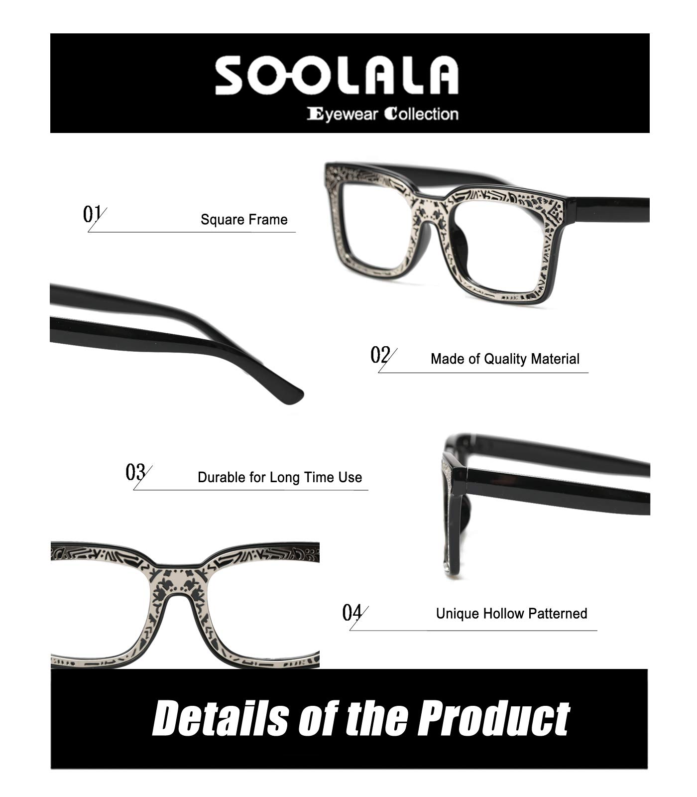SOOLALA Women's Fashion Square Reading Glasses - Trendy Patterned Frame Readers (1.0-3.5 Strength) for Reading, Computer Use & Close Work