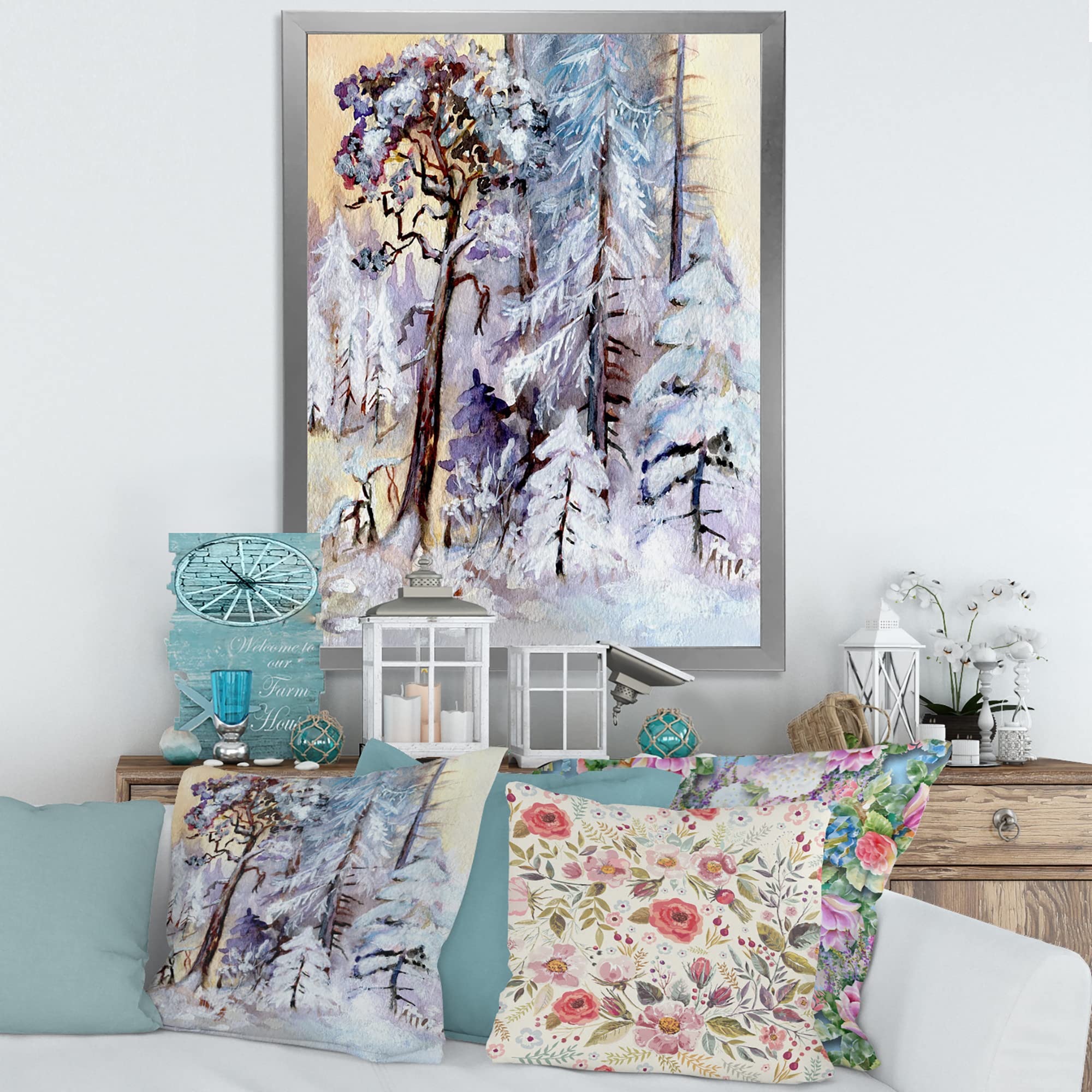 DesignQ Winter Snowy Forest By The Lake Framed Wall Art - Perfect for Living Room, Bedroom & Office Decor