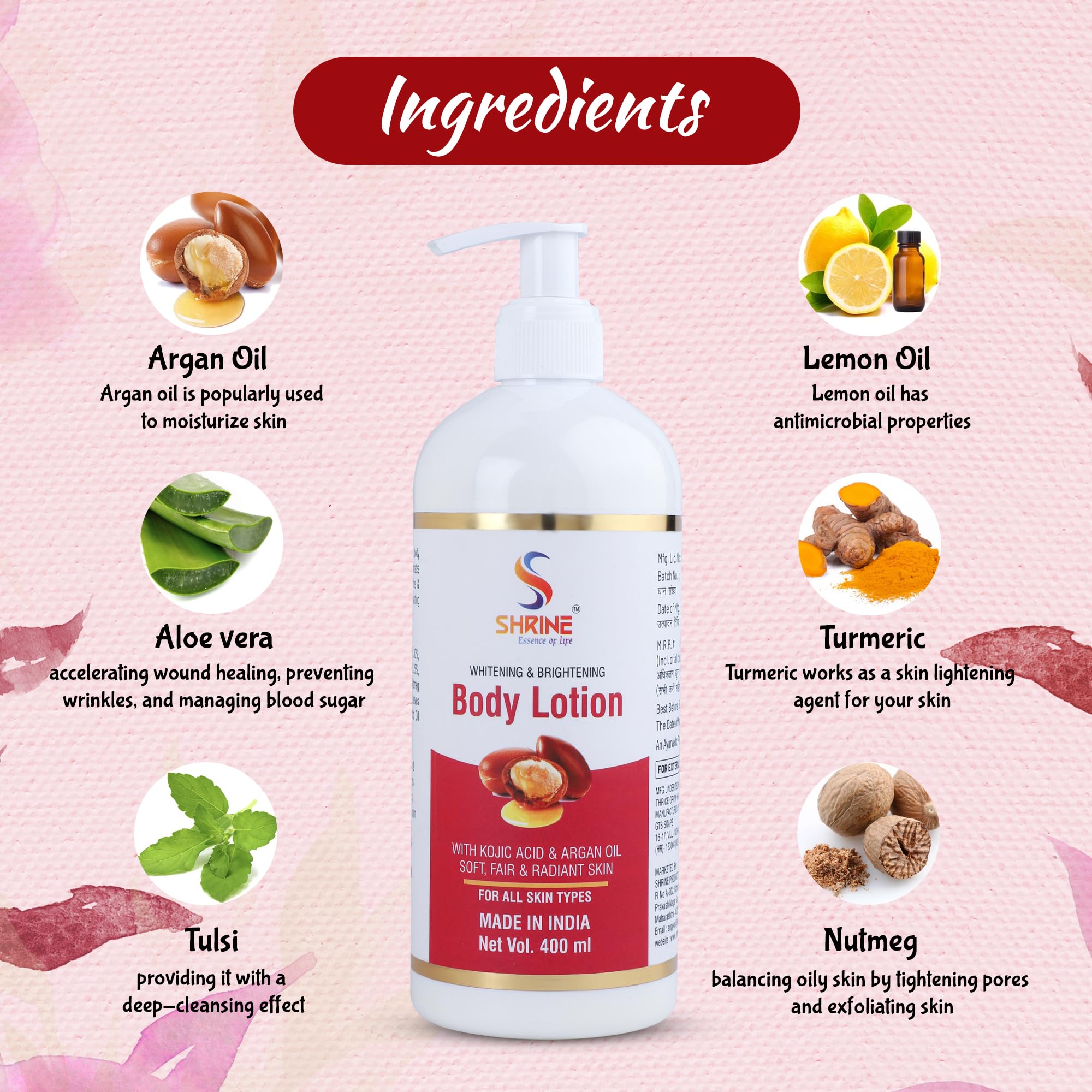 Shrine Kojic Acid & Argan Oil Body Lotion 400ml - Skin Whitening & Brightening Moisturizer for Dry Skin | Non-Greasy, Glowing Hydration | Perfect for Daily Use & Nighttime Skincare Routine