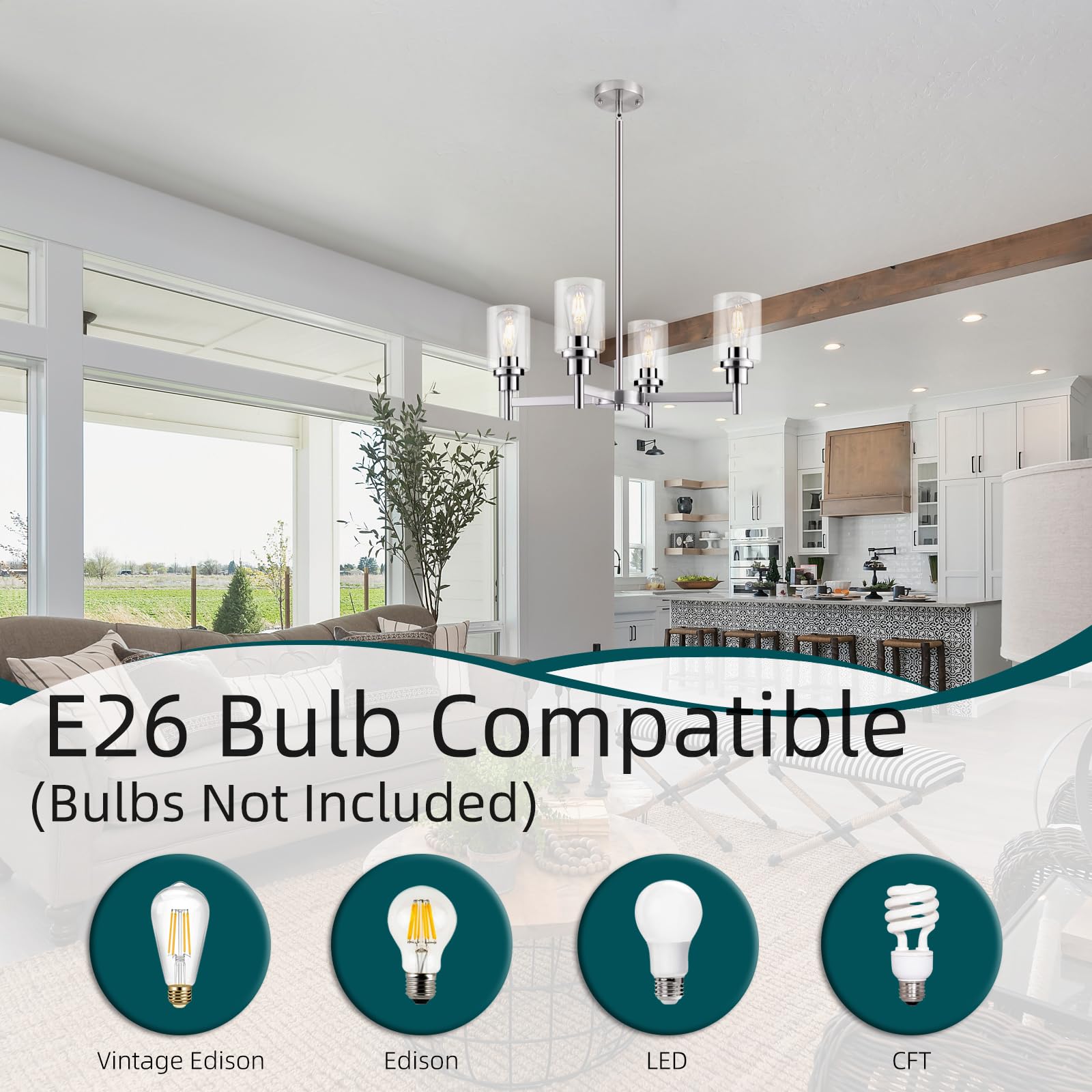 4-Light Brushed Nickel Chandelier - Modern Farmhouse Pendant Ceiling Light with Glass Shade for Dining Room, Kitchen Island, Foyer & Hallway | Elegant Lighting Fixture for Home Decor & Interior Design