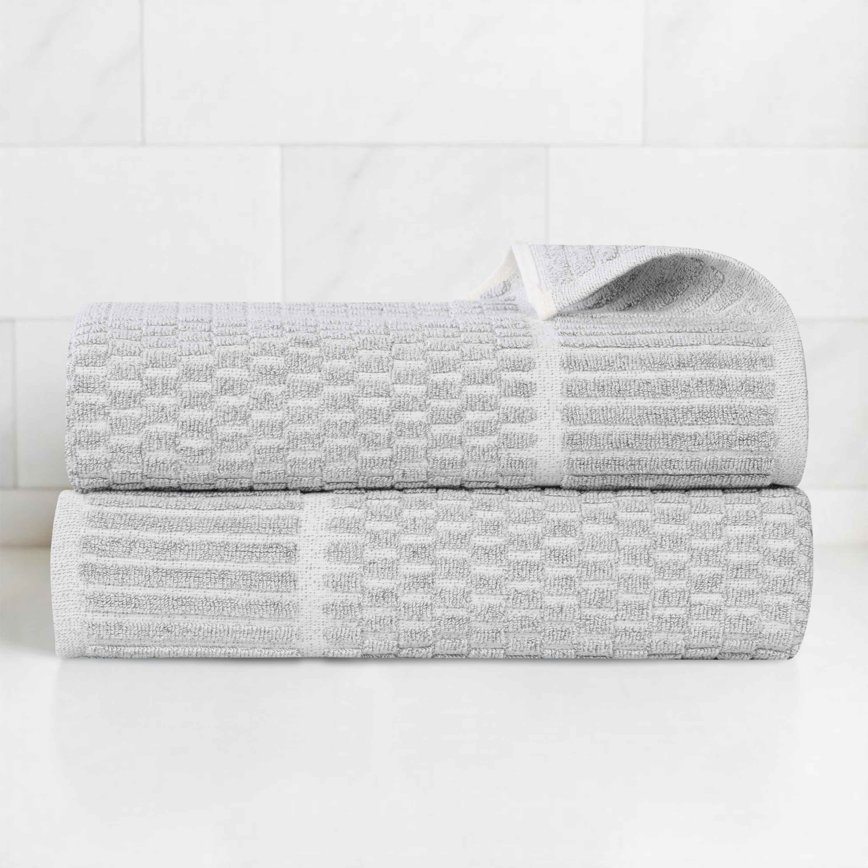 Premium Cotton Blend Checkered Border Bath Towels Set of 2 - Soft, Absorbent & Quick-Drying Medium Weight Towels for Bathroom, Spa, Gym & Beach Use