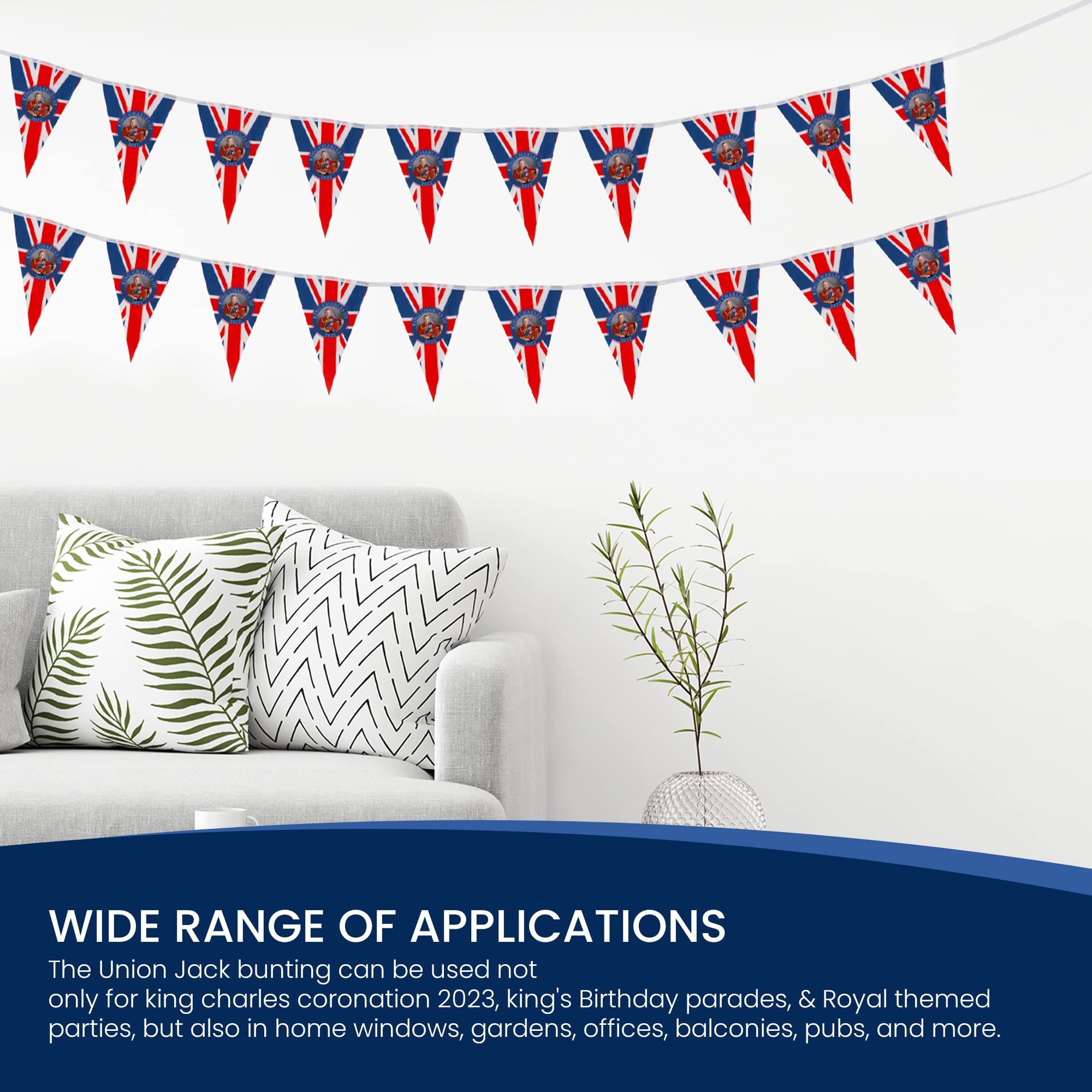 SA Products King Charles Coronation Decorations - 21x14CM Union Jack Flags (15M Long) - Royal Kings Coronation Party Supplies | Perfect for Home Decor, Street Parties & British Themed Events