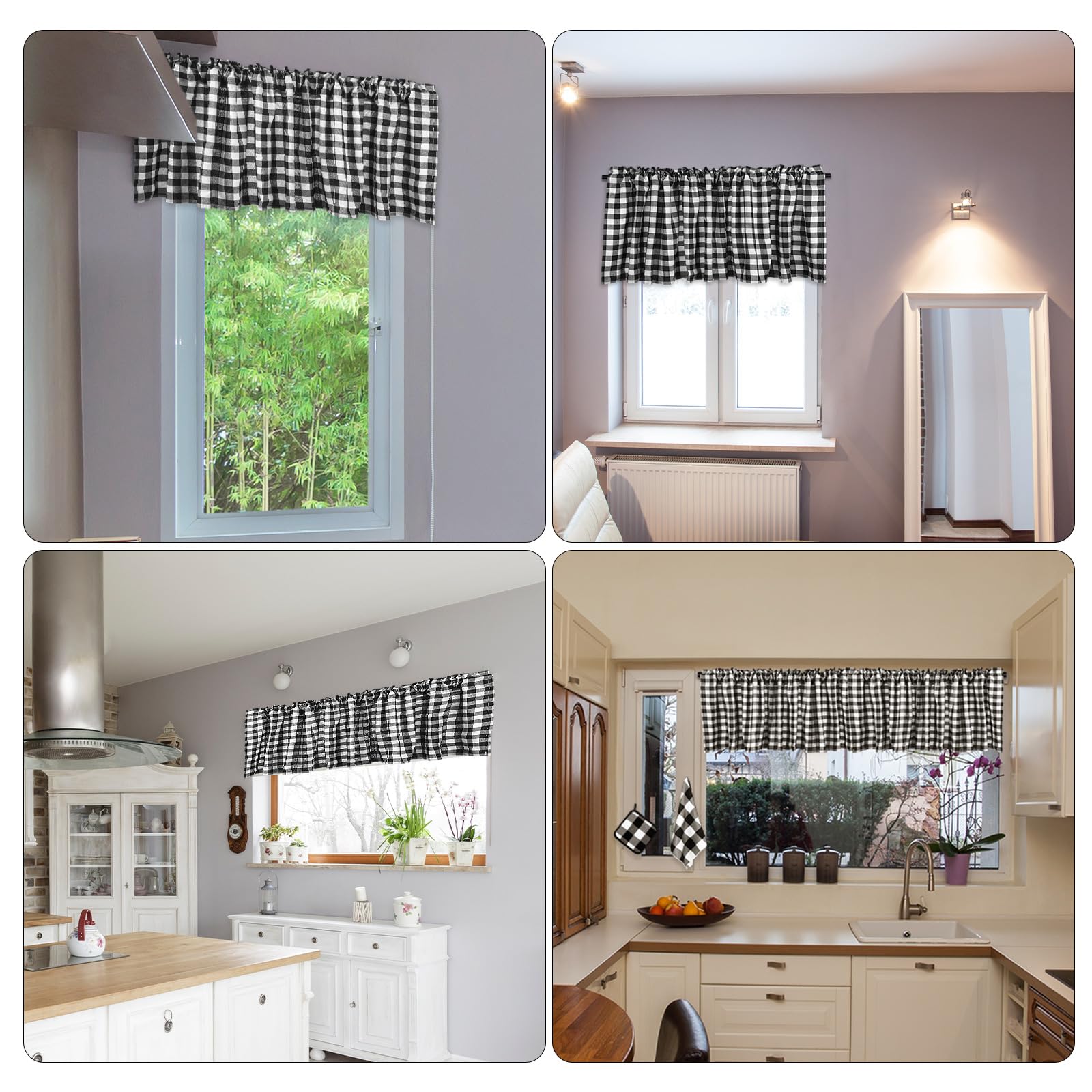 Newwiee 10-Piece Farmhouse Kitchen Decor Set - Plaid Style Dish Towels, Pot Holder, Oven Mitts, Non-Slip Rug & Window Valances - Black & White Holiday Baking & Cooking Essentials for Rustic Home Decor