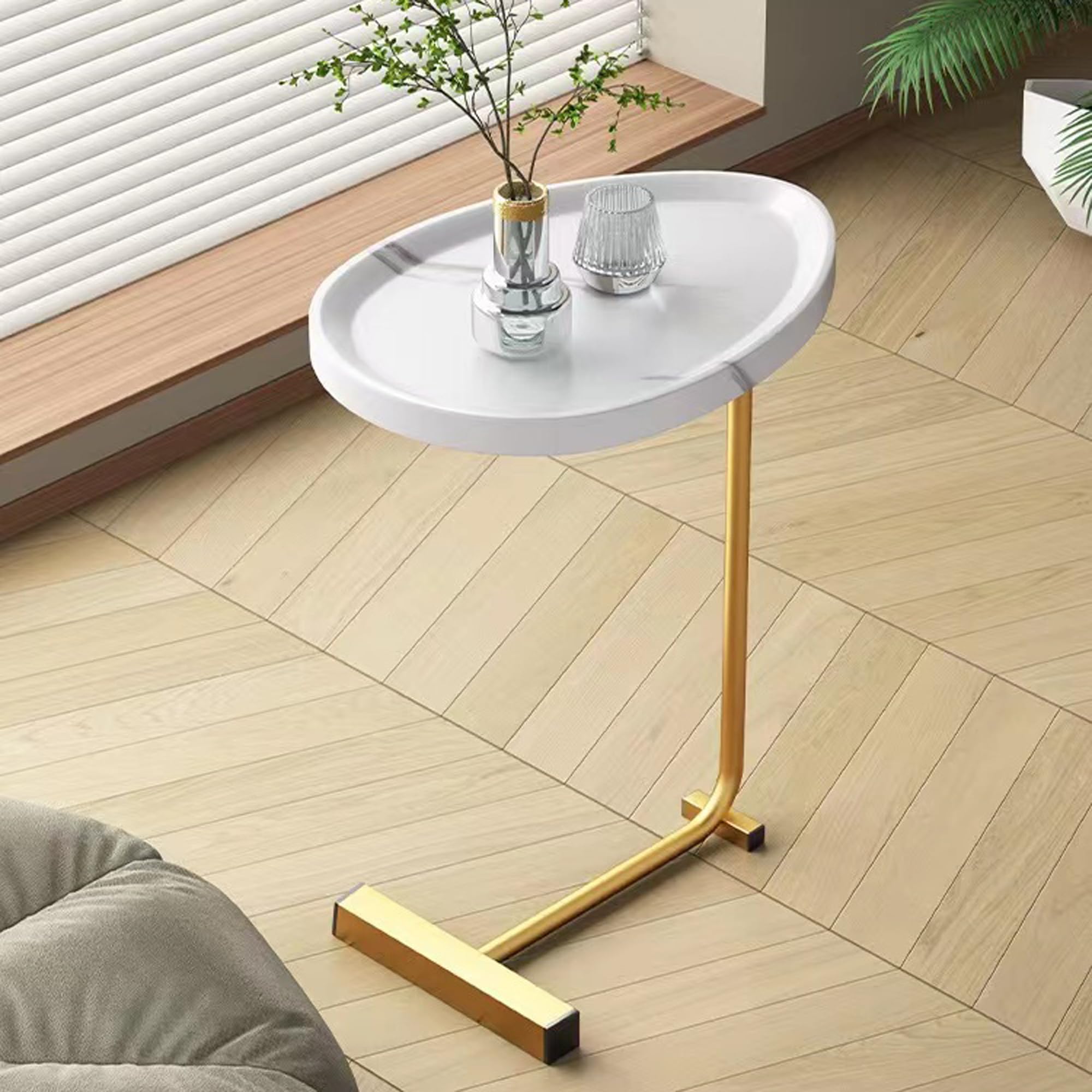 2-Piece White C-Shaped End Table Set with Metal Frame - Small Side Tables for Couch, Sofa, Living Room, Bedroom & Bedside - Perfect as TV Tray Tables or Nightstands