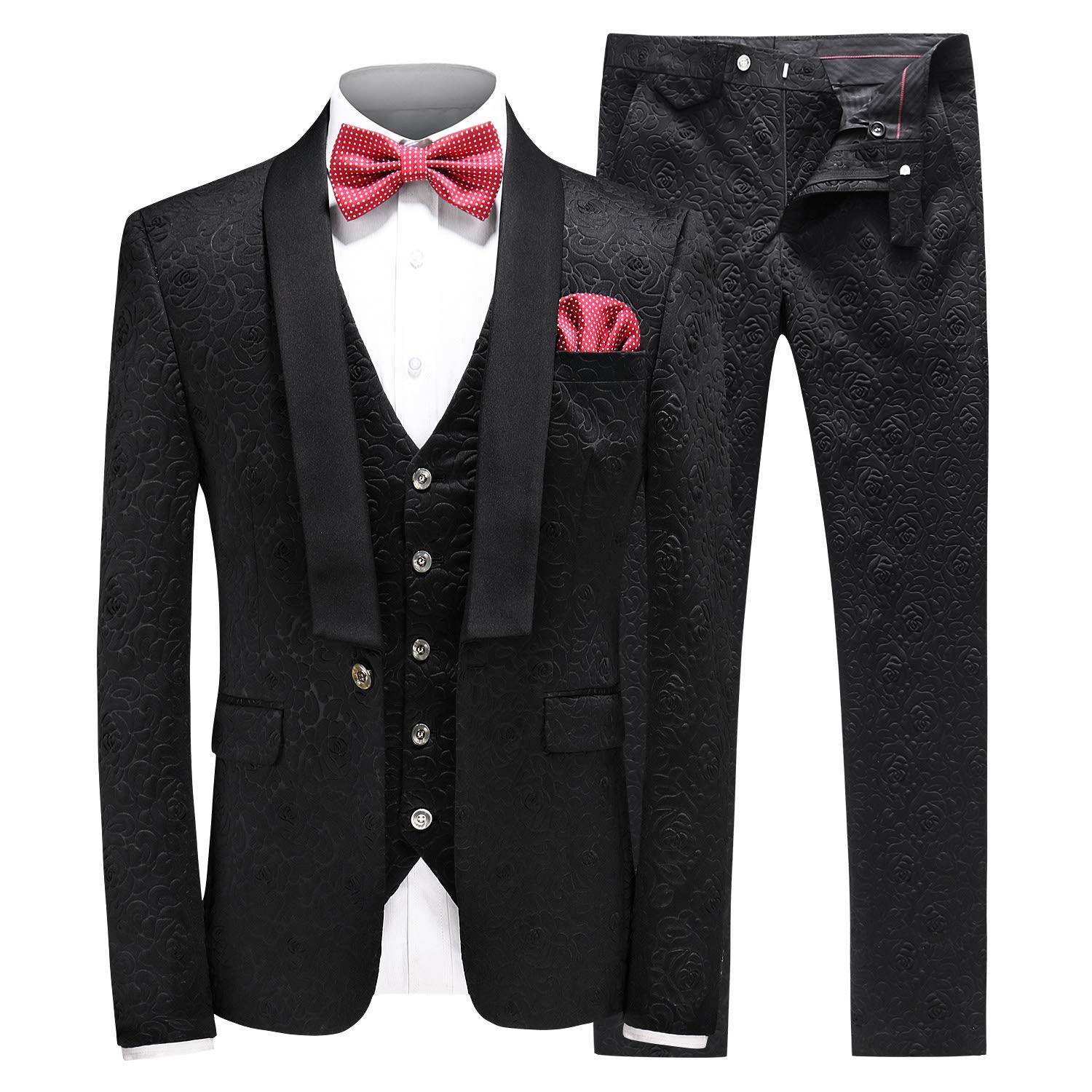 UMISS Men's Jacquard 3 Piece Suit Set - Slim Fit One Button Shawl Lapel Tuxedo Jacket, Vest & Dress Pants for Weddings, Prom, Formal Events & Business Occasions