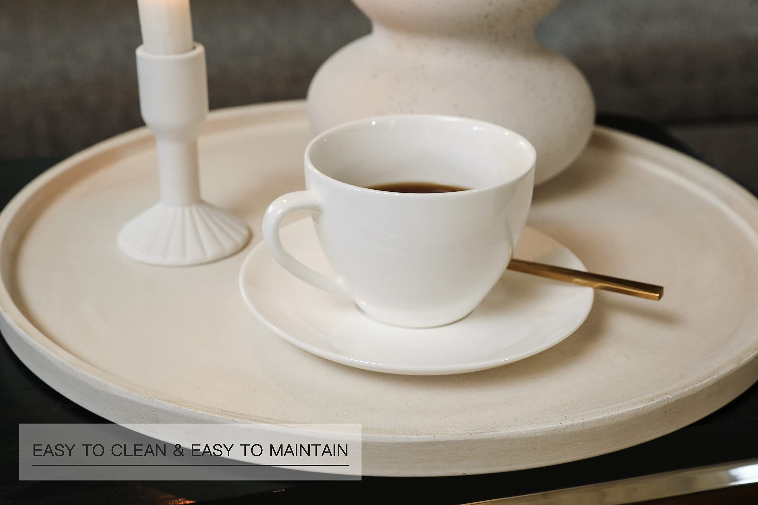 DN DECONATION White Wood Tray - Large Round Decorative Serving Tray for Coffee Table, Ottoman, Dining & Living Room | Farmhouse Style Home Decor | Perfect for Displaying Candles, Books & Centerpieces