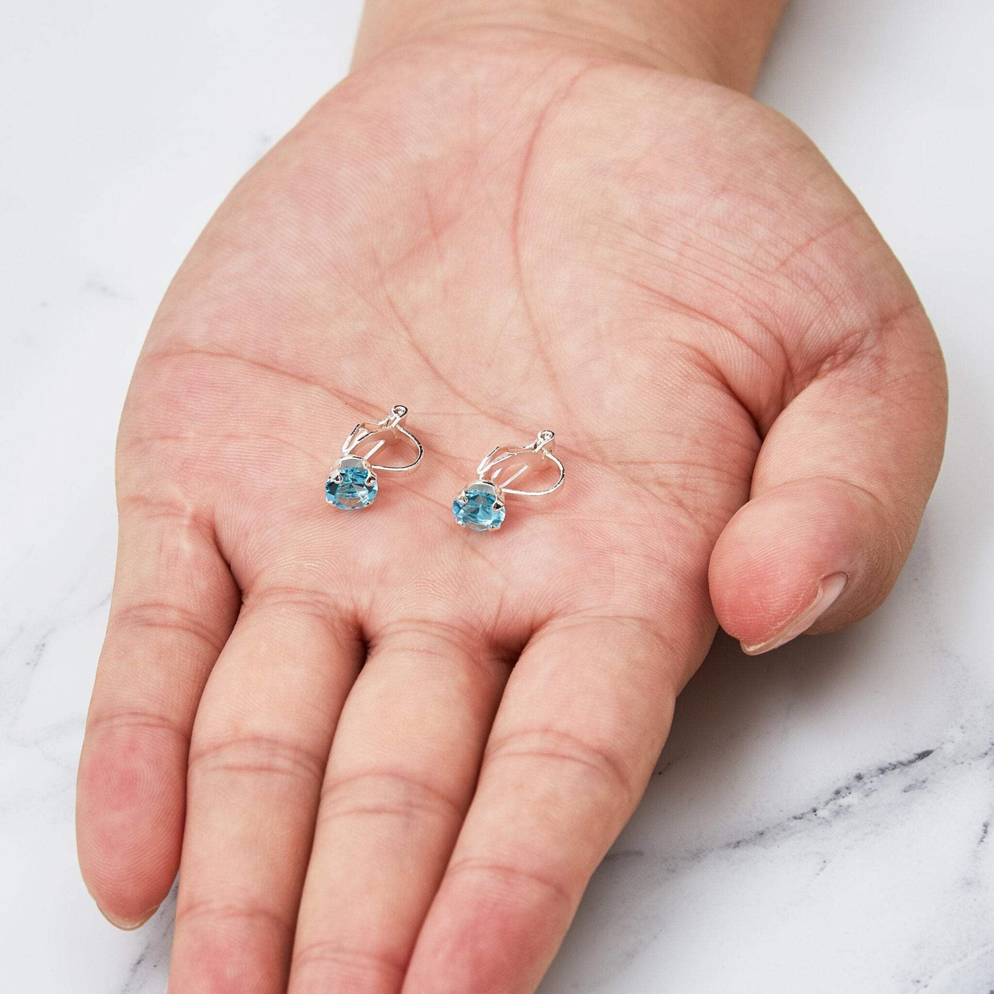 Aquamarine Clip-On Earrings with Zirconia for March Birthdays | Gift for Women