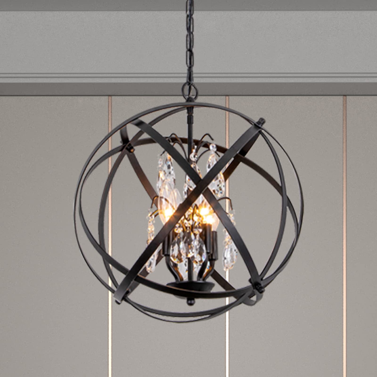 Maxax 4-Light Modern Farmhouse Chandelier - Adjustable Black Metal Cage Pendant Light with Crystal Accents for Kitchen, Dining Room, Living Room, Entryway | Elegant Globe Lighting for Home Decor & Interior Design