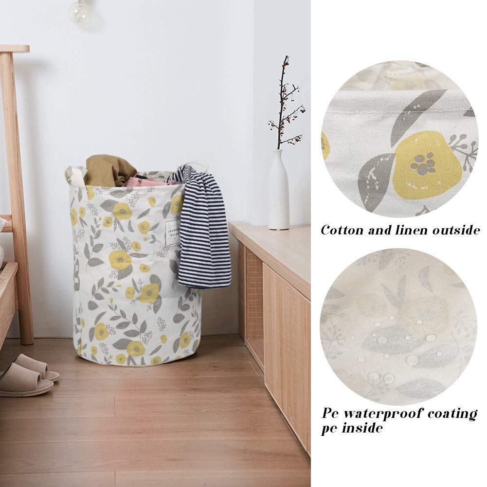 UUJOLY Foldable Laundry Basket with Handles - Waterproof Collapsible Laundry Hamper for Home & Travel - 19.7x15.7 Inch Cotton Linen Storage Organizer (Yellow) - Perfect for Bedroom, Bathroom, Dorm & Camping