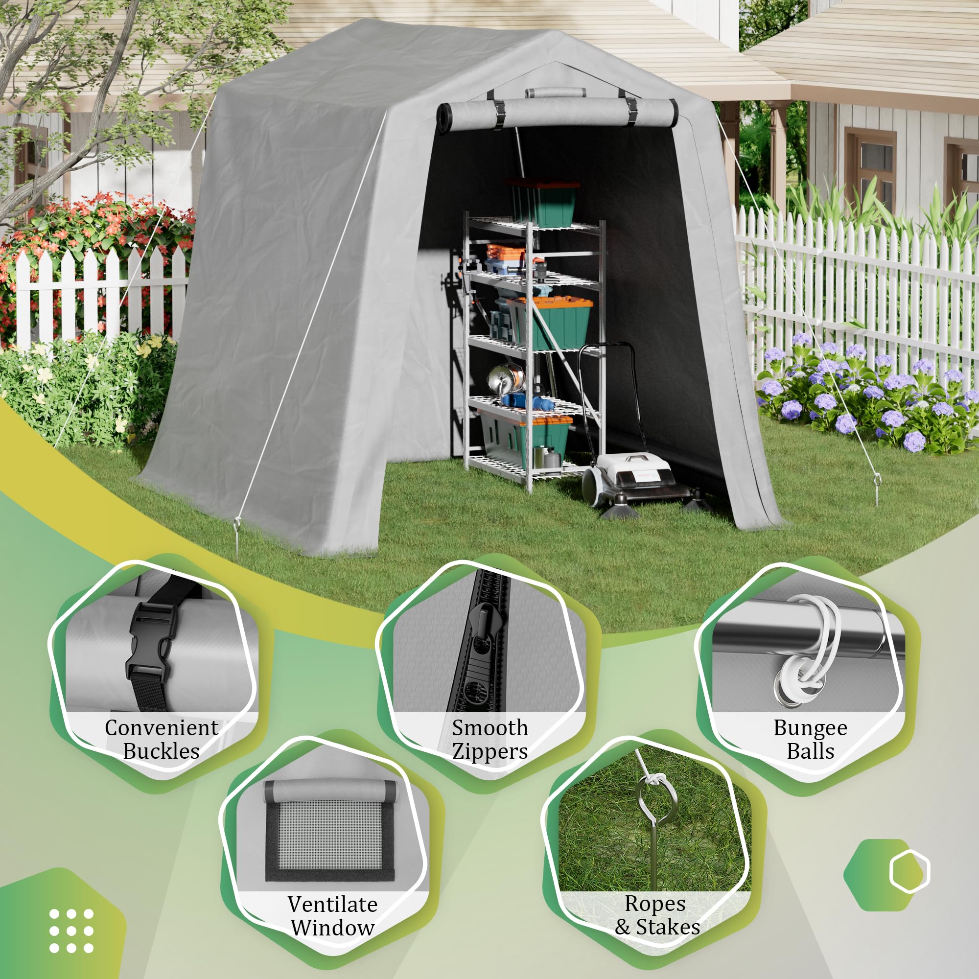 Greesum 6x6 ft Heavy Duty Waterproof Outdoor Storage Shed Canopy - Portable Shelter with Roll-up Zipper Door for Bike, Motorcycle, Garden Tools & Equipment - UV Resistant Gray Carport for Patio, Backyard & Camping Use