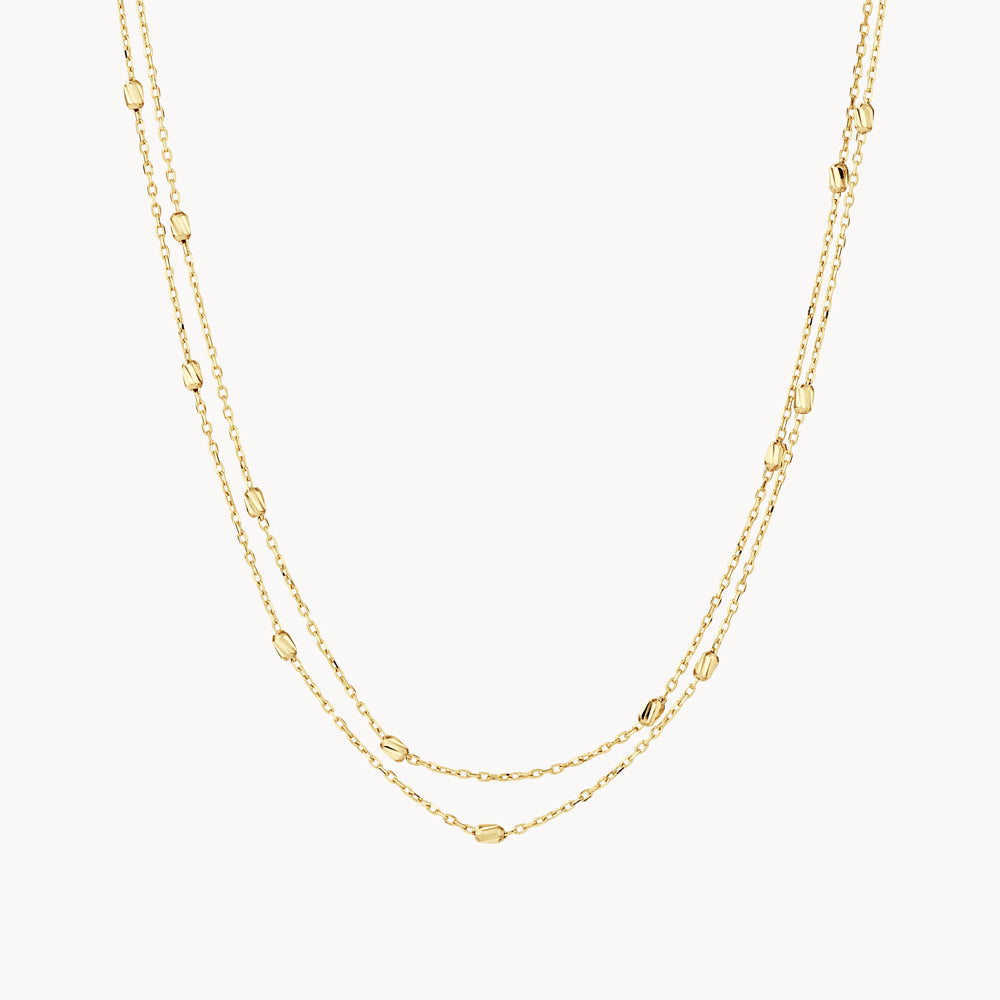 10k Gold Double Chain Bead Station Necklace - Elegant Layered Necklace for Women, Perfect for Date Night, Wedding & Special Occasions