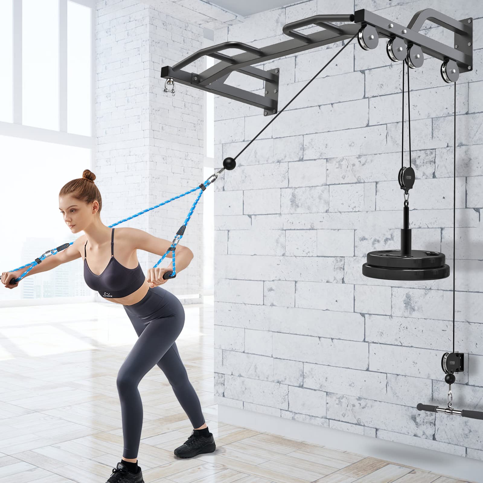 Kipika 48-Inch Wall Mounted Multi-Function Gym Cable Pulley System with Pull Up Bar & LAT Pulldown Attachments - DIY Home Gym Equipment for Strength Training, Punching Bag Hanger - Perfect for Home Workouts, Garage Gyms & Functional Fitness Training