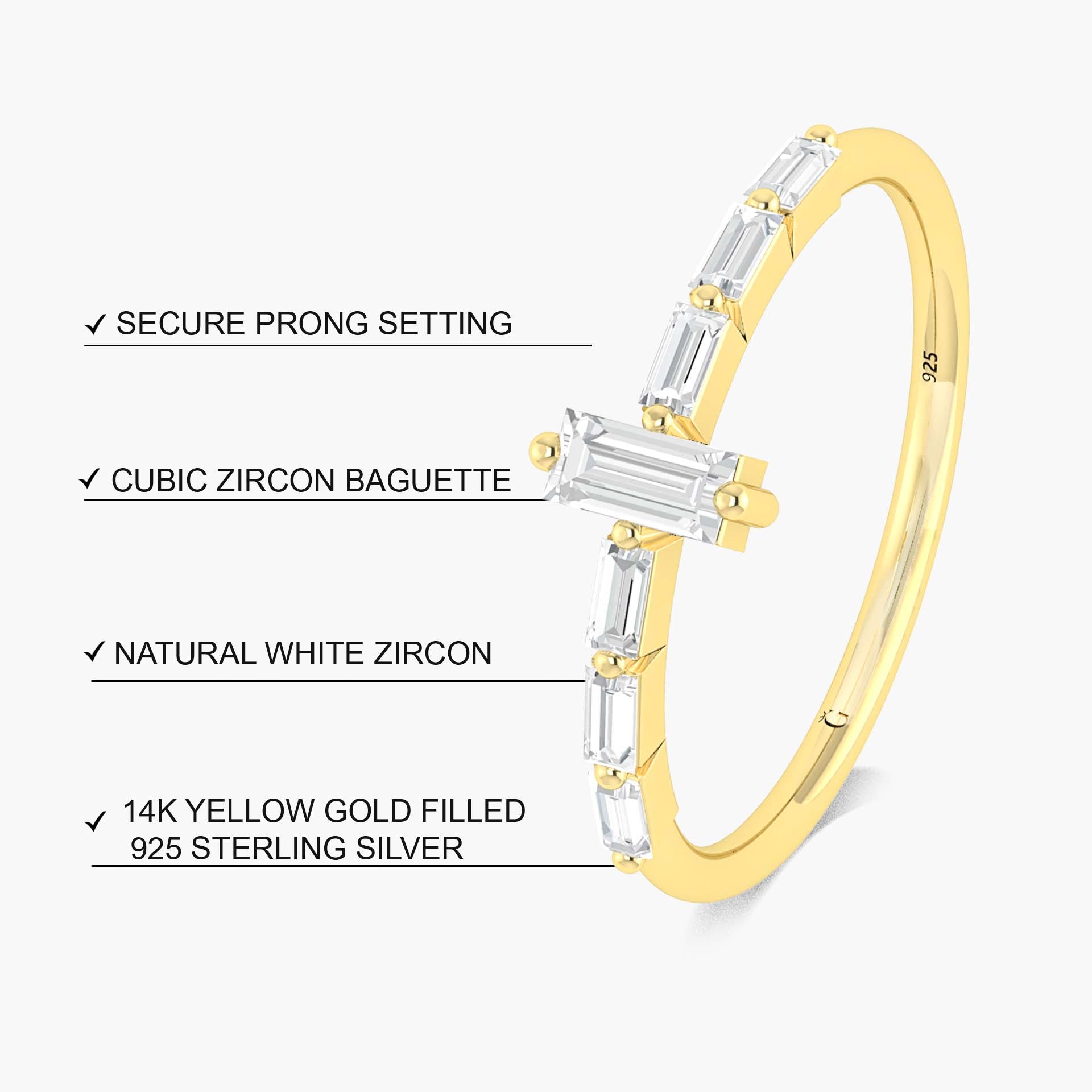 Elegant 7 Zircon Baguette Ring in Prong Setting - Perfect for Weddings, Anniversaries & Special Occasions