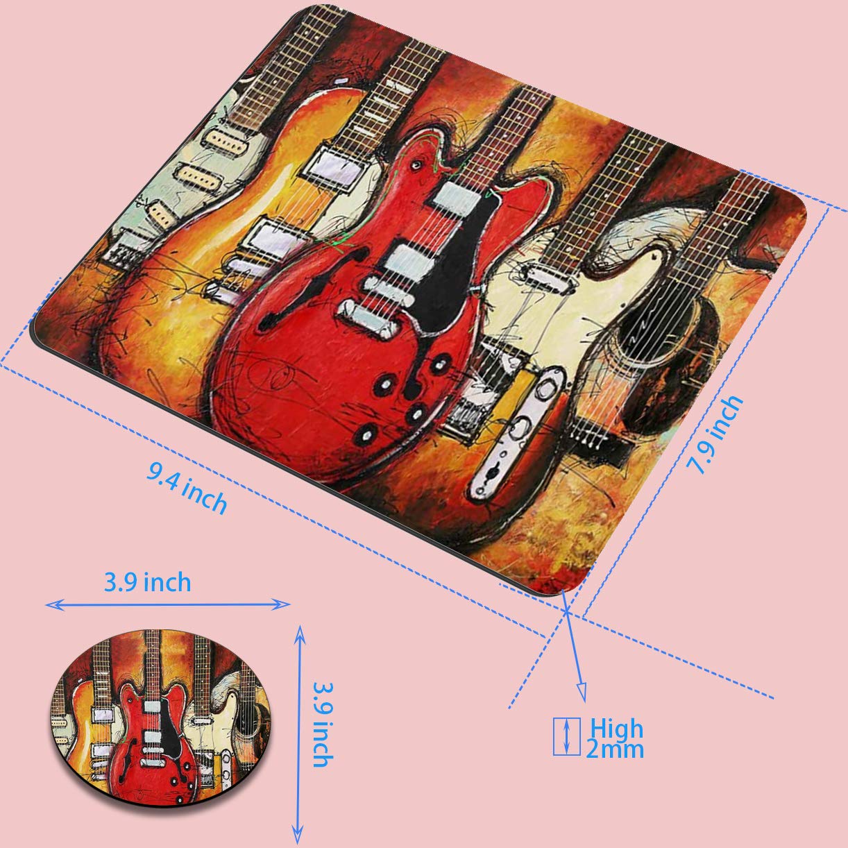 Custom Gaming Mouse Pad with Non-Slip Rubber Base - Tapestry Guitar Design Mousepad & Coaster Set for PC, Laptop, Office & Gaming - Perfect for Work, Gaming & Home Computer Setup