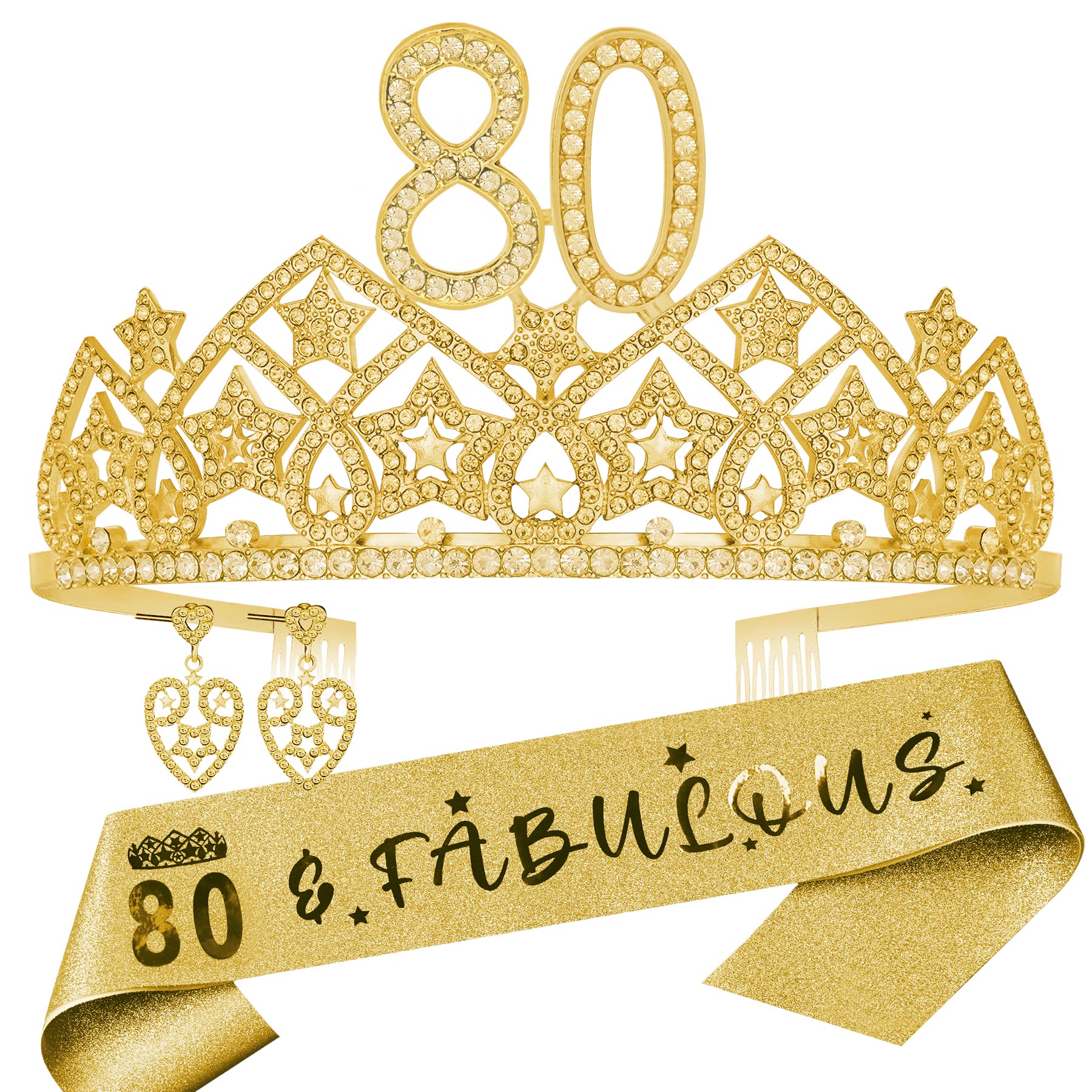 HnoonZ 80th Birthday Party Decorations Set for Women - 3 Piece Birthday Crown, Sash & Earrings - Elegant 80th Birthday Party Supplies for Women - Perfect for Milestone Celebrations, Birthday Parties & Photo Shoots