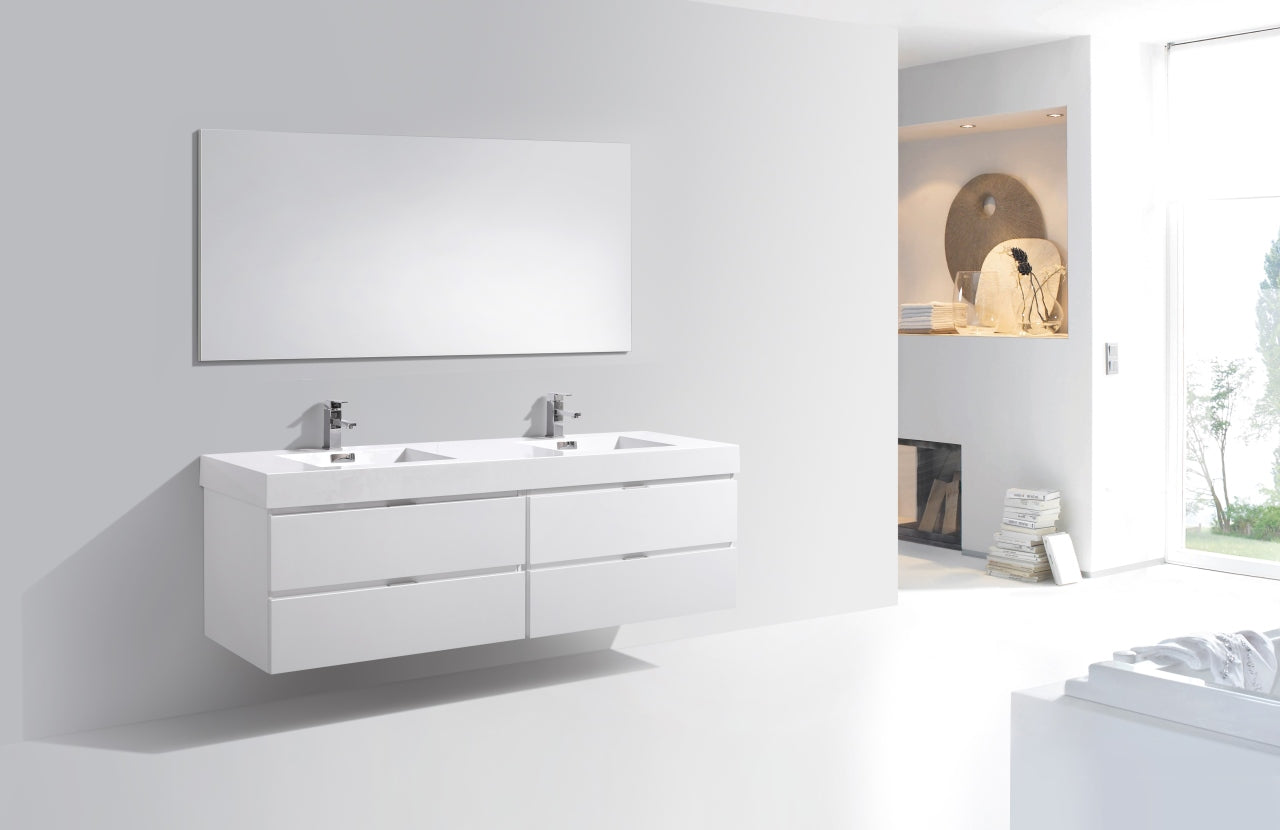 BSL72 High Gloss White Wall Mount Double Sink Bathroom Vanity - Modern Space-Saving Design for Small Bathrooms & Powder Rooms