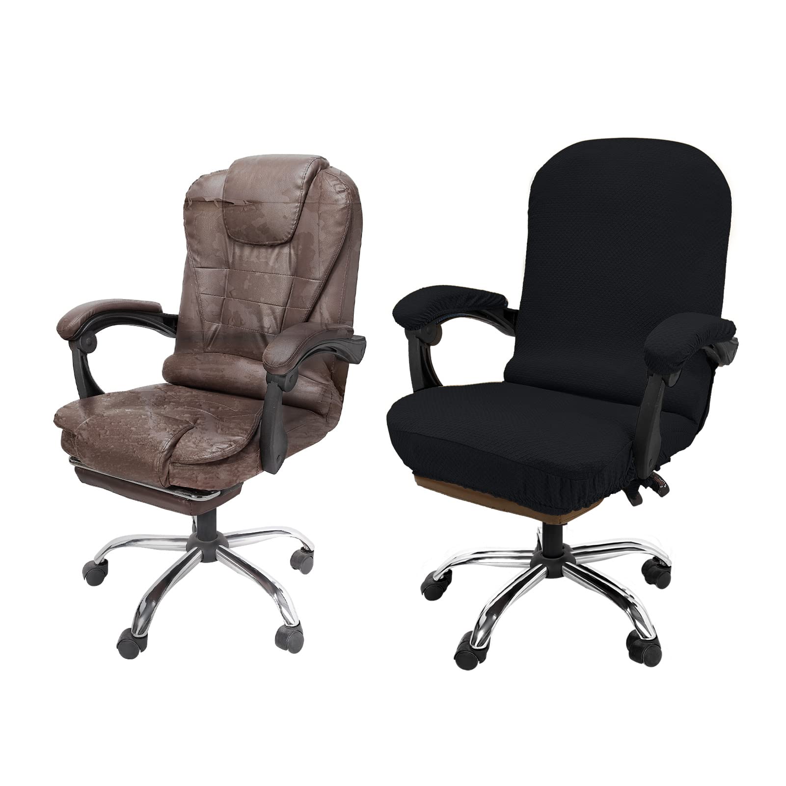Stretchable Office Chair Cover with Armrest Covers - Thick Checked Jacquard High Back Seat Protector - Universal Fit for Rotating Desk Chairs (Large Size, Black) - Perfect for Home Office, Gaming & Conference Room Use