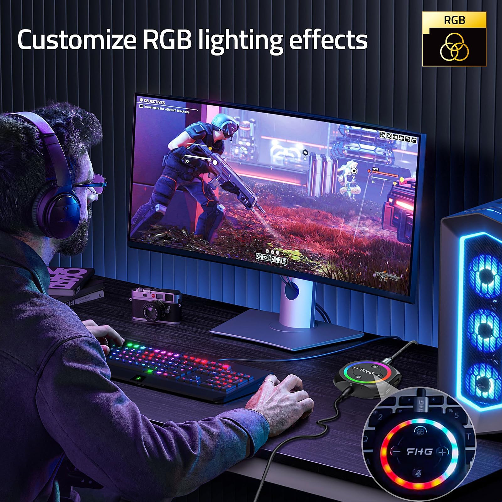 FHG DAC External USB Sound Card - 7.1 Virtual Surround Sound Gaming DAC with 5-in-1 Hub | AI Noise Cancellation for Gaming Headsets, PS4, PS5, Xbox One | Perfect for Competitive Gaming & Streaming Setup