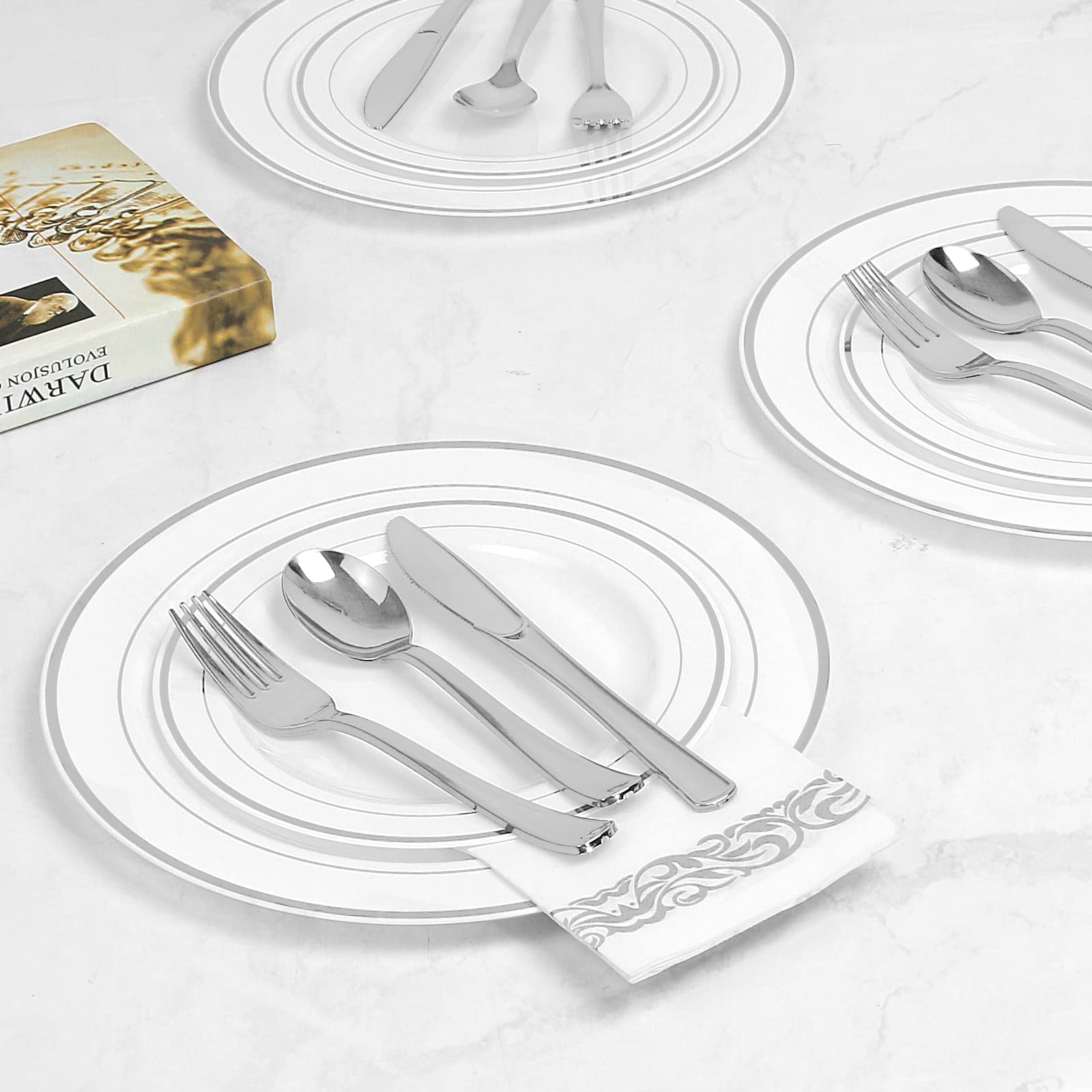 BAYZZ 350-Piece Silver Disposable Dinnerware Set - 100 Silver Plastic Plates, 50 Plastic Silverware, 50 Silver Cups & 50 Napkins - Elegant Disposable Tableware for Weddings, Parties, BBQs & Special Events