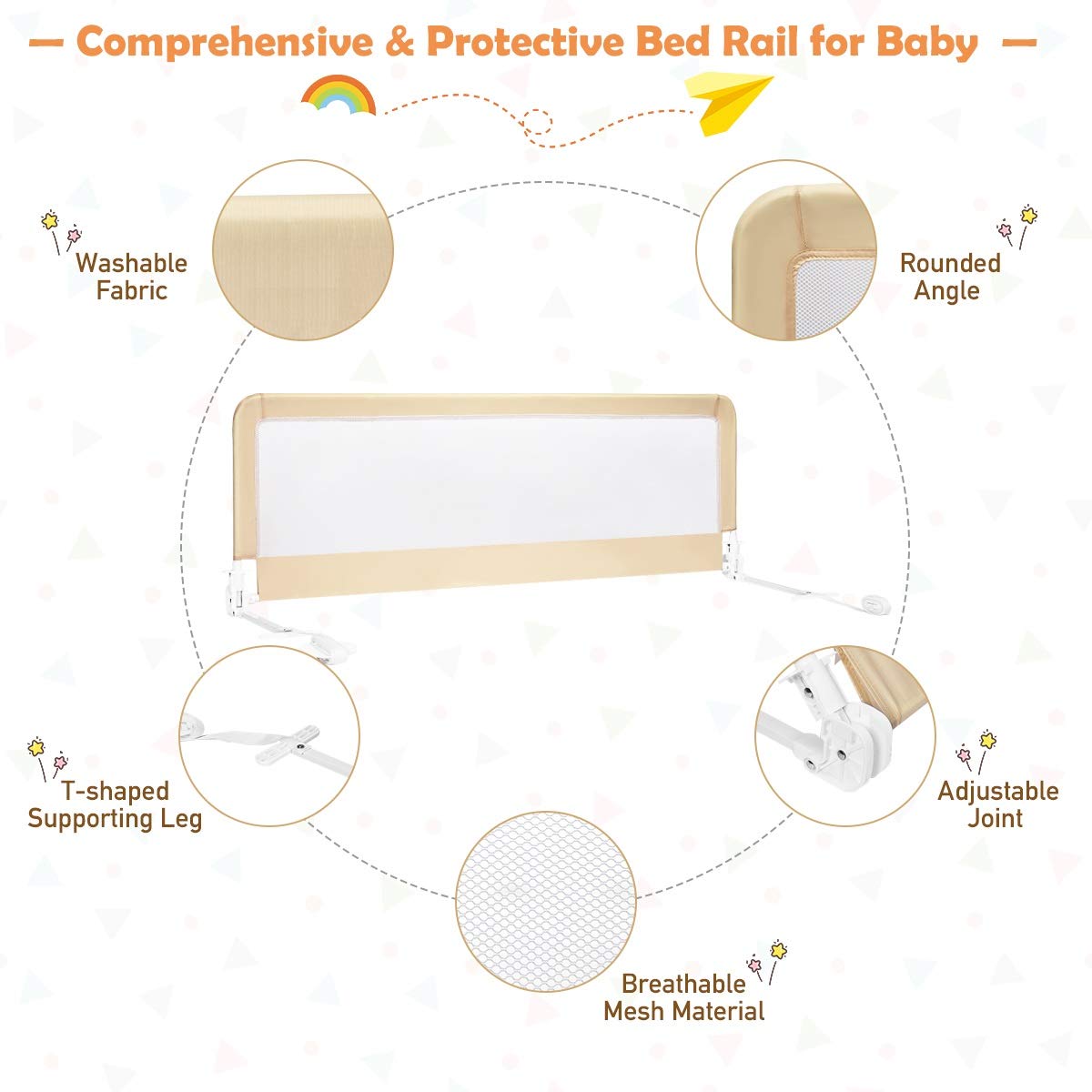 Costzon 2-Pack Extra Long Swing Down Bed Rails for Toddlers - 59-Inch Safety Bed Guards with Straps for Convertible Crib, Twin, Full, Queen & King Size Beds - Foldable Baby Bed Rail for Kids (Beige) | Perfect for Toddler Transition, Child Safety & Peace of Mind