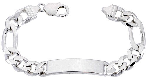 Nickel-Free Sterling Silver Italian Figaro Link ID Bracelet - 3/8 Inch Wide, Adjustable Sizes 8-9 Inch - Perfect for Gifts, Engraving & Everyday Wear