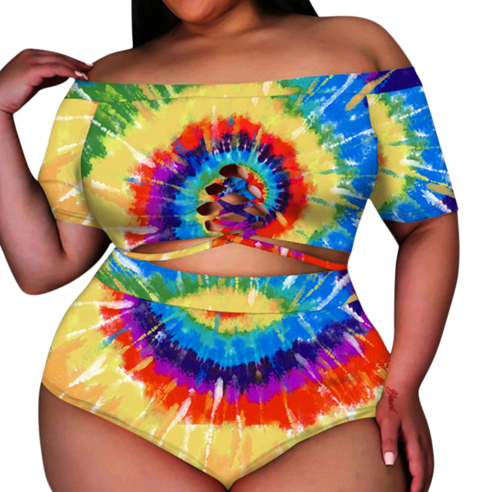 Sexy High Waist Swimsuit for Women - Tie Dye Tankini with Short Sleeve & Tube Top - Perfect for Beach, Pool Party & Summer Vacation