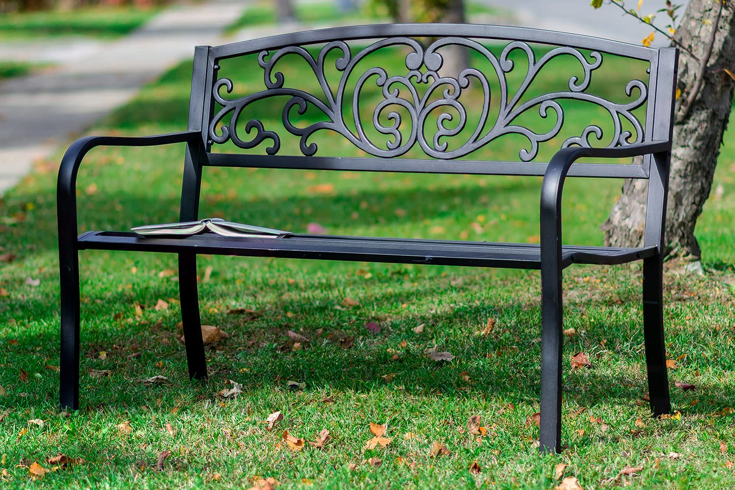 Hi-Line Gift 78651-BK 50-Inch Black Scroll Backrest Garden Bench for Outdoor Patio, Porch, and Lawn Decor