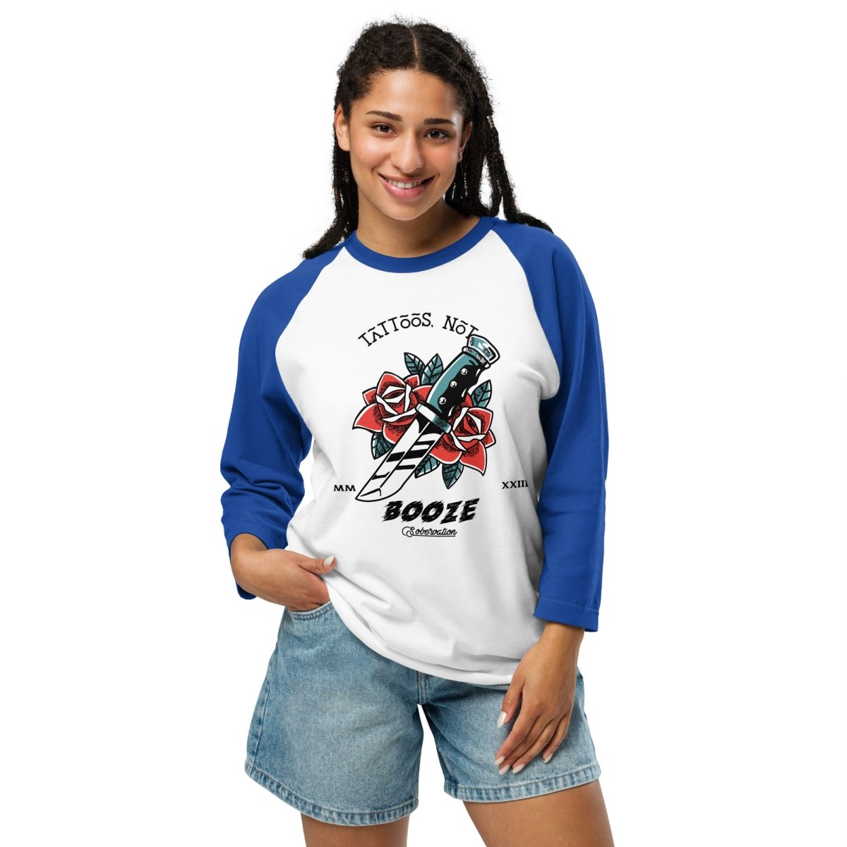 Rose Dagger Design 3/4 Sleeve Raglan Shirt for Tattoo Lovers - Stylish Casual Wear for Tattoo Shops, Concerts & Alternative Fashion