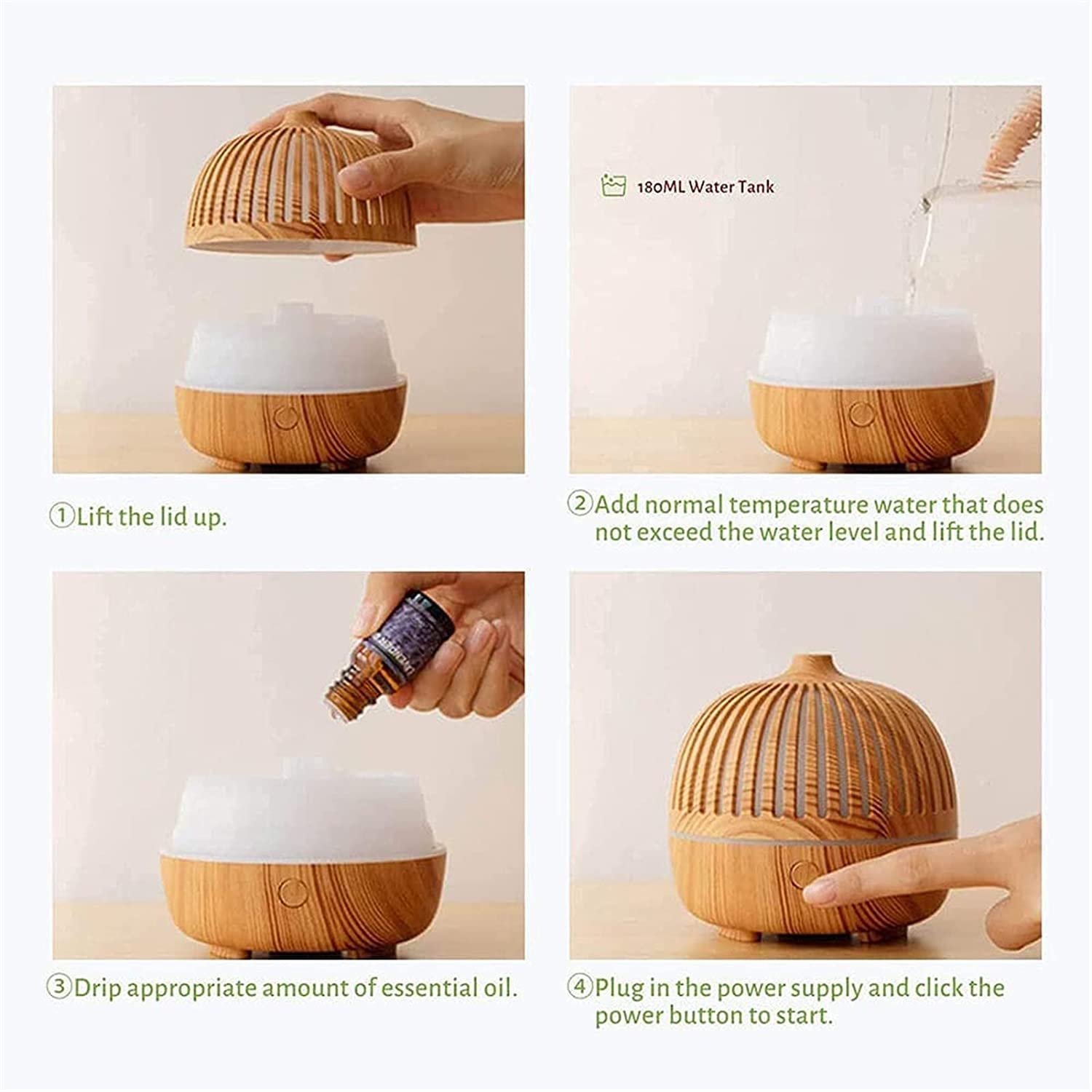 180ml Ultrasonic Wood Grain Essential Oil Diffuser & Humidifier - USB Aroma Mist Maker with LED Light (Black) for Home, Office, Yoga & Spa Relaxation