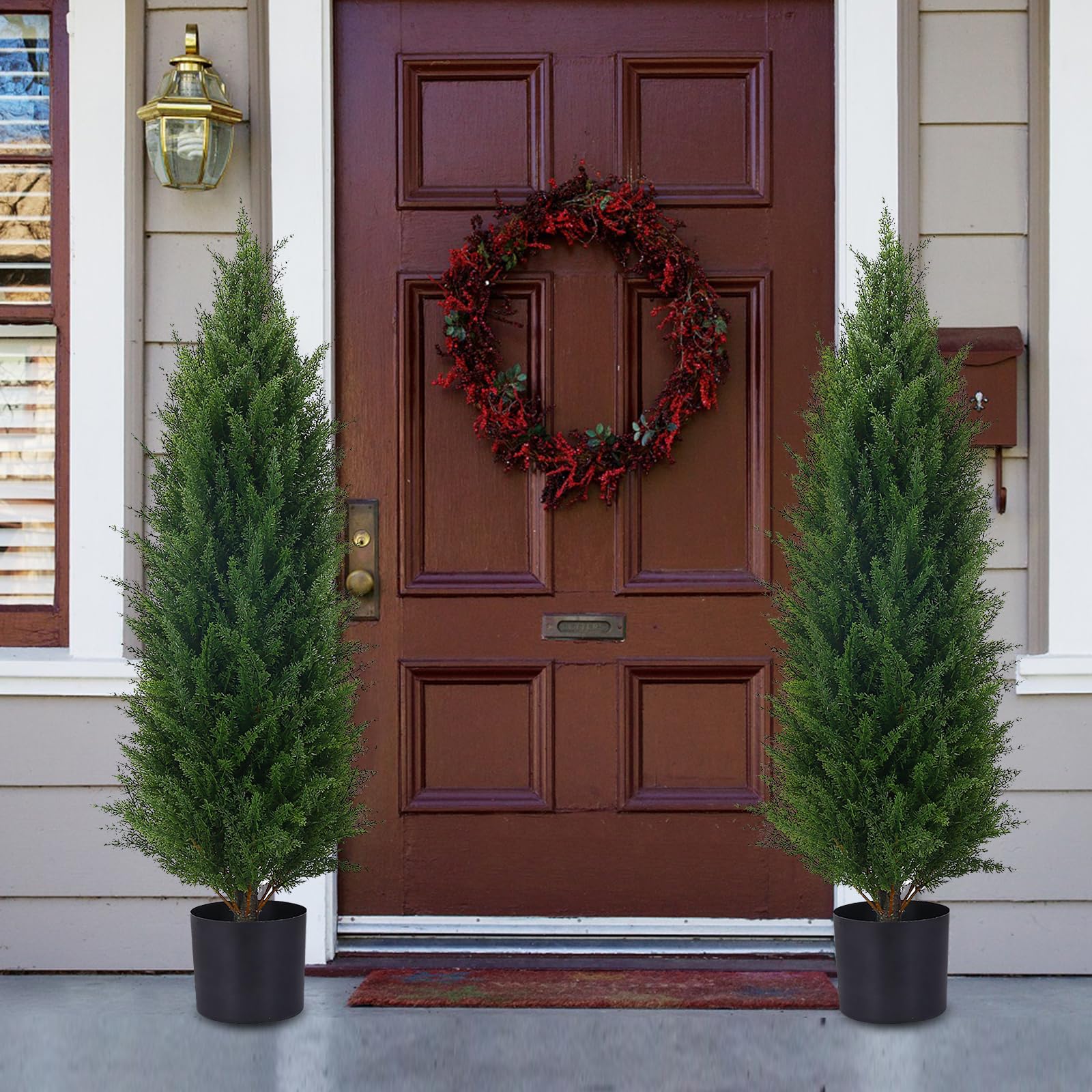 3.5ft Artificial Cedar Topiary Tree Potted Plants - UV Resistant Faux Greenery for Indoor & Outdoor Decor - 2 Pack Set - Perfect for Home, Office, Garden, and Patio Decoration