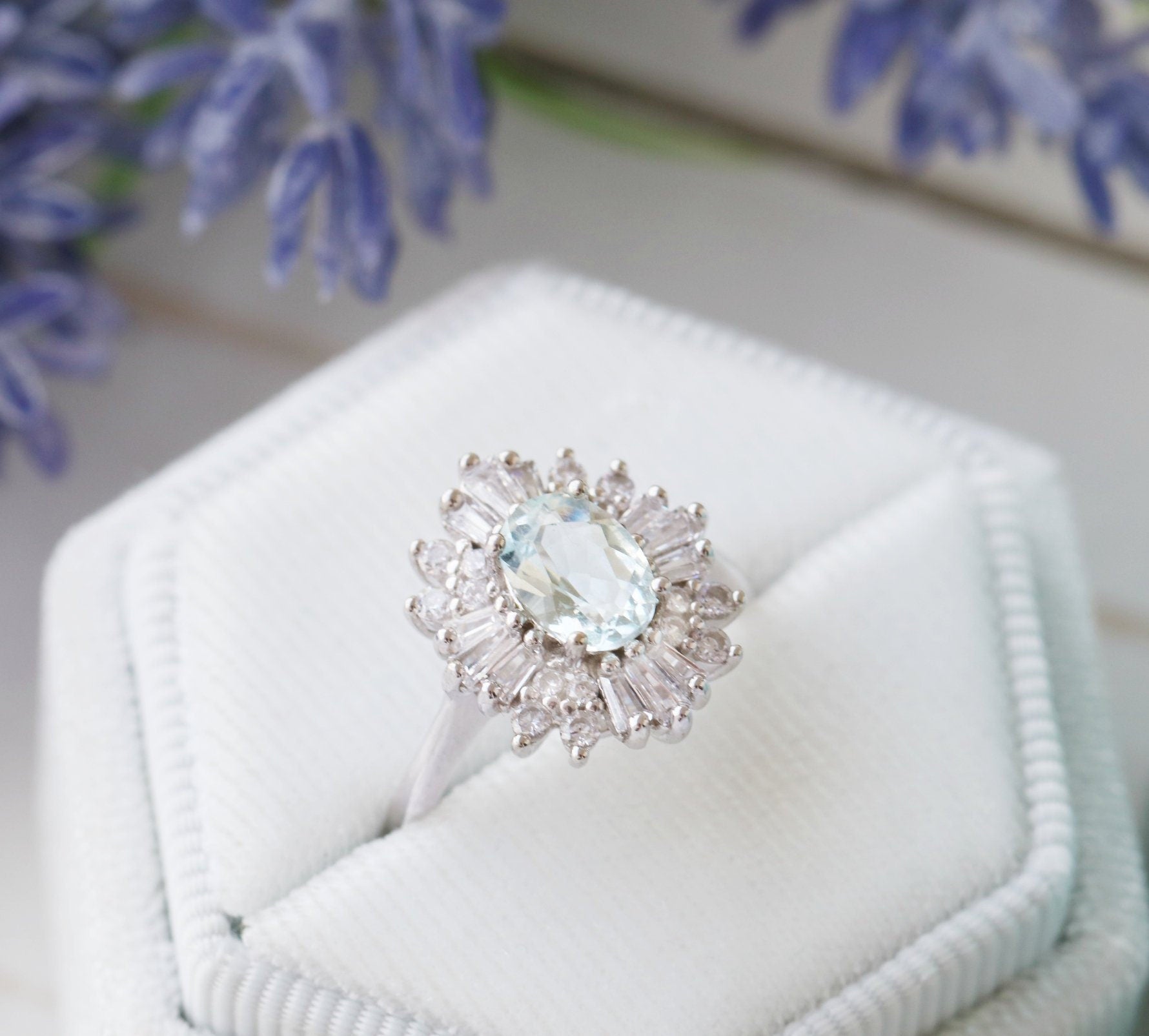 Exquisite Art Deco Aquamarine Ring in 14K White Gold - Vintage Inspired Jewelry for Weddings, Anniversaries & Special Occasions