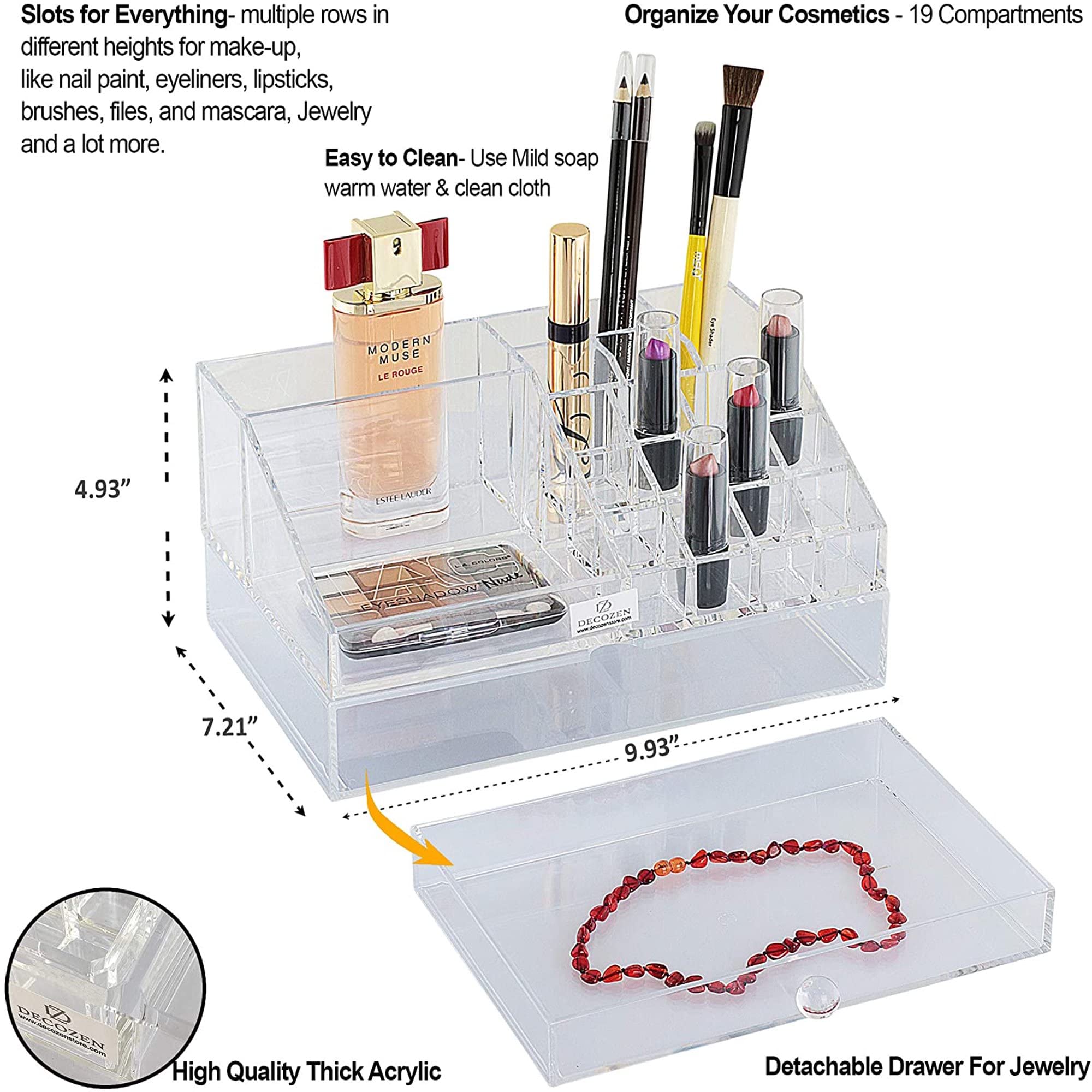 Decozen Makeup Organizer for Women - 20 Slots & 1 Drawer Cosmetic Storage Box for Brushes, Lipstick, Nail Polish, Perfume & Jewelry | Perfect Mother's Day, Birthday Gift & Vanity Decor for Mom, Wife, Girlfriend | Ideal for Bedroom, Bathroom & Dressing Table Organization