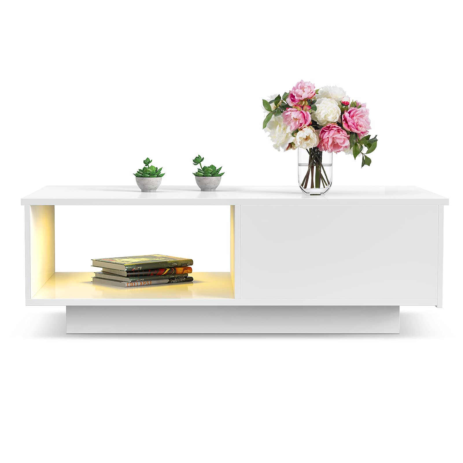Modern High Gloss Rectangular Coffee Table with Large Storage Drawer - Stylish Cocktail Table, End Table & Side Table for Living Room, Home Office - Perfect for Entertaining, Reading & Organizing (White)
