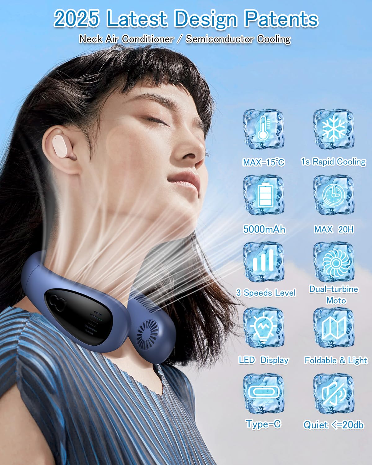 Portable Neck Air Conditioner Fan - 5000mAh Rechargeable Bladeless USB Personal Cooler with Semiconductor Cooling, 3 Speed Settings & LED Display - Perfect for Outdoor Travel, Office, Gym & Indoor Use