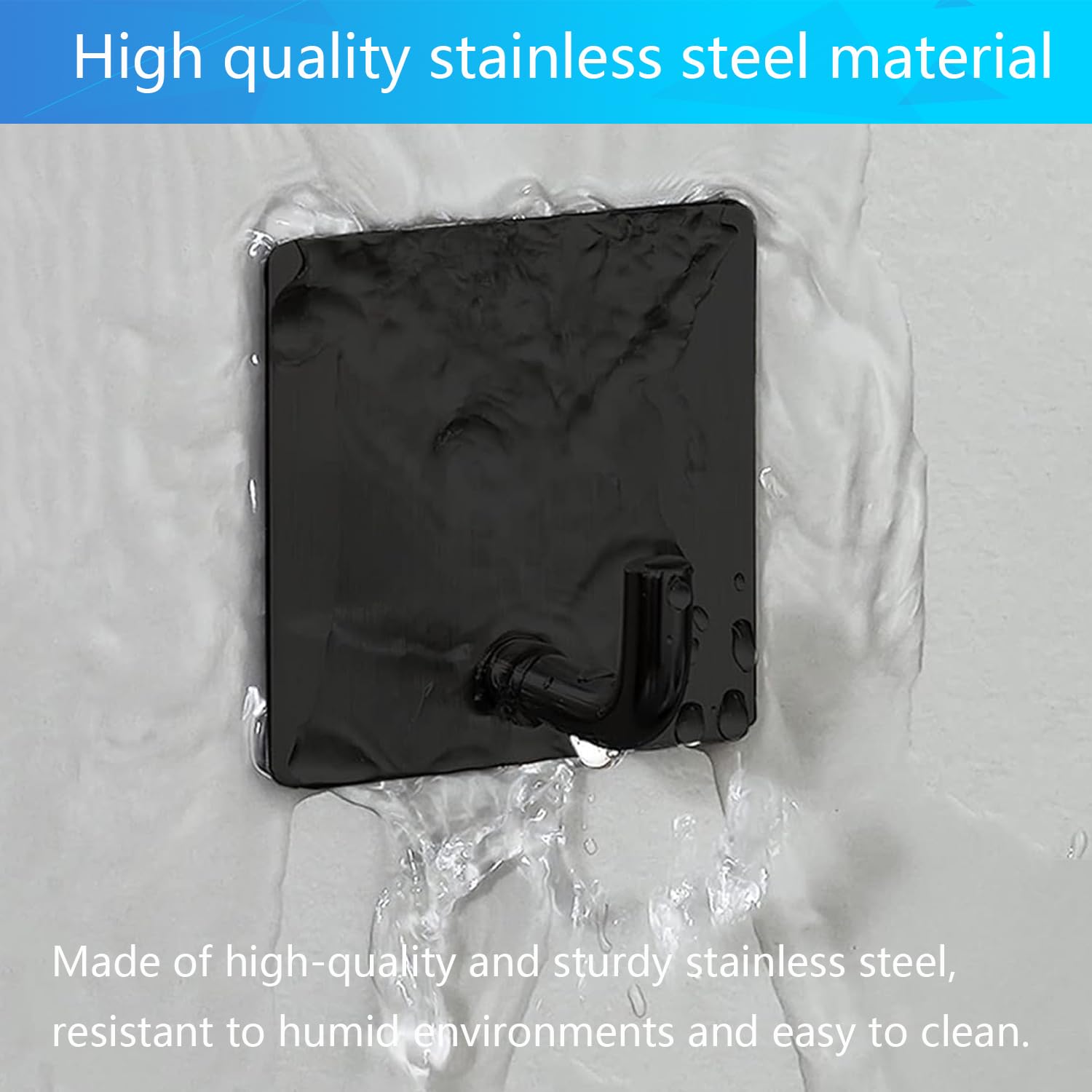 Stainless Steel Black Adhesive Hooks 4 Pack - Heavy Duty Wall Hooks for Bathroom Towels, Coats & Kitchen Use - No Drill Bath & Kitchen Organization Solution