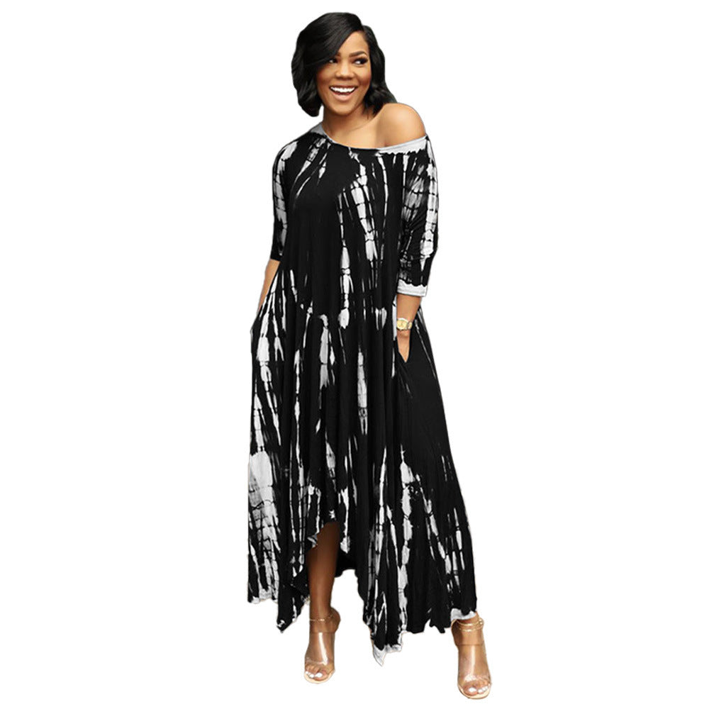 Long Slit Skirt Wide Neck Tie Dye Dress - Boho Chic Summer Maxi Dress for Beach Vacation & Music Festivals