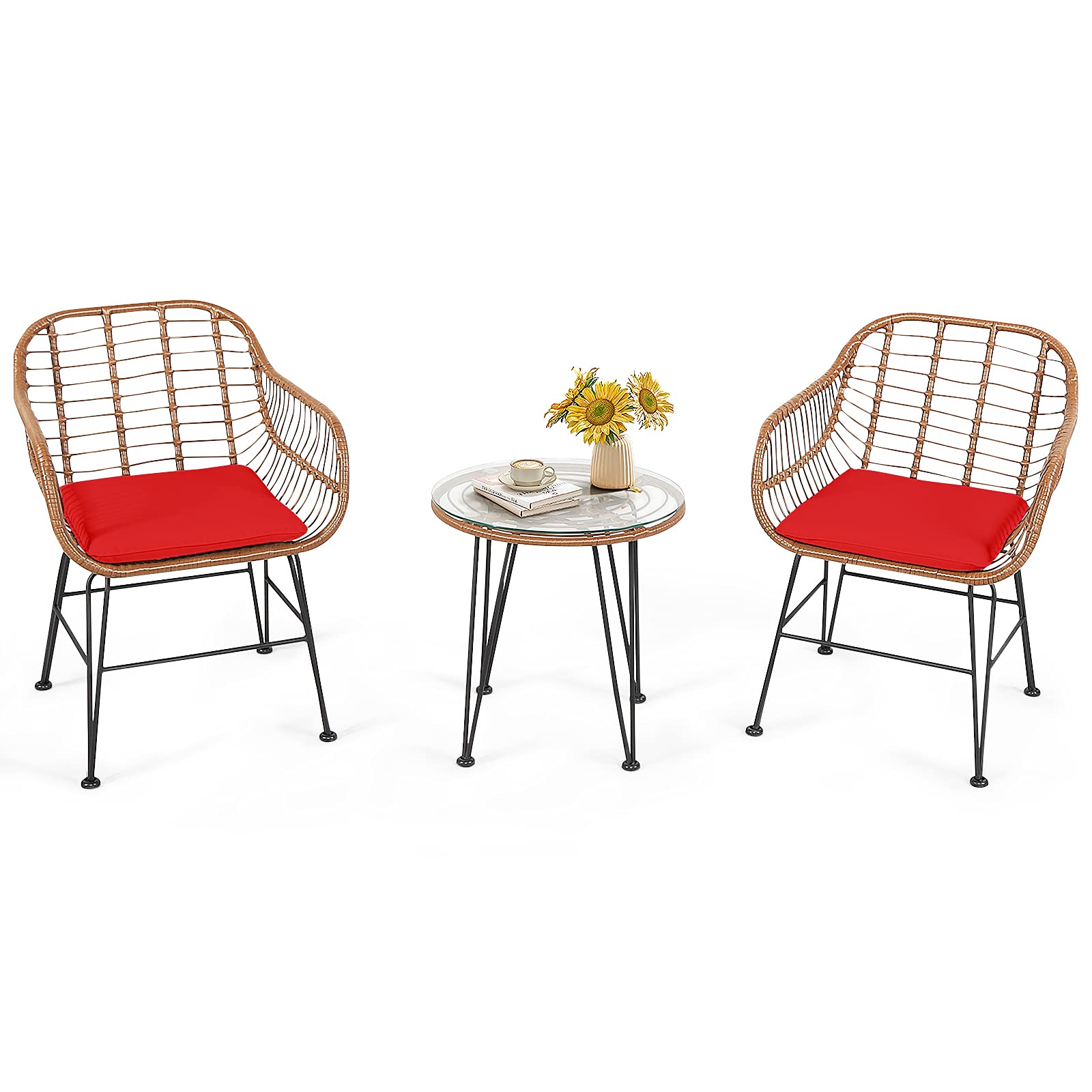 RELAX4LIFE 3-Piece Outdoor Patio Furniture Set - Rattan Bistro Table with Tempered Glass Top & 2 Wicker Armchairs - Perfect for Garden, Backyard, Porch, Balcony - Red Wicker Conversation Set for Relaxing & Entertaining Guests