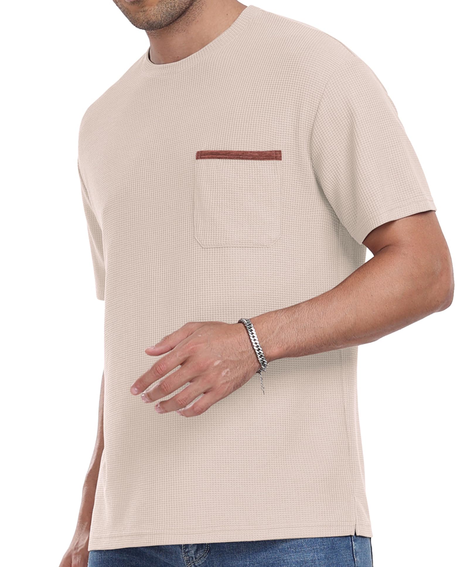 Men's Casual Short Sleeve Crew Neck T-Shirt - Soft Summer Tee with Waffle Texture & Pocket - Perfect for Beach, Travel & Everyday Wear