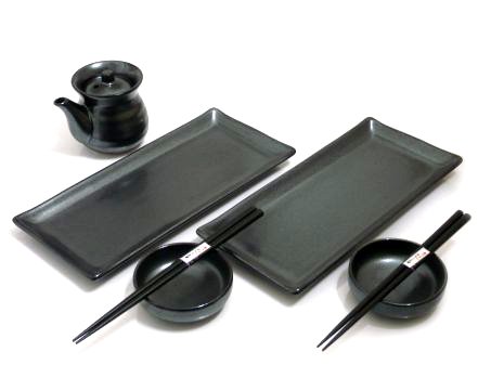 Premium Japanese Sushi Set - 7-Piece Black Crystal Ceramic Sushi Plates with Soy Sauce Dispenser | Authentic Sushi Dining Experience for Home & Restaurant Use