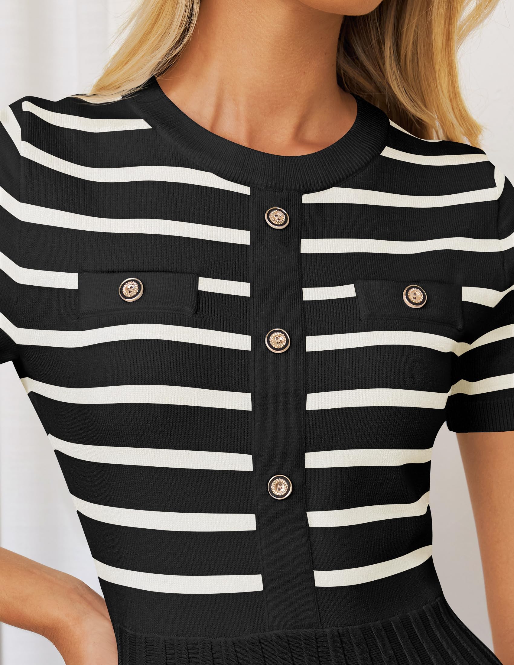 ZESICA Women's Casual Striped Midi Dress - Crewneck Short Sleeve Button Down Ribbed Knit Swing Pleated A-Line Dress for Spring Summer Office Work & Weekend Outings