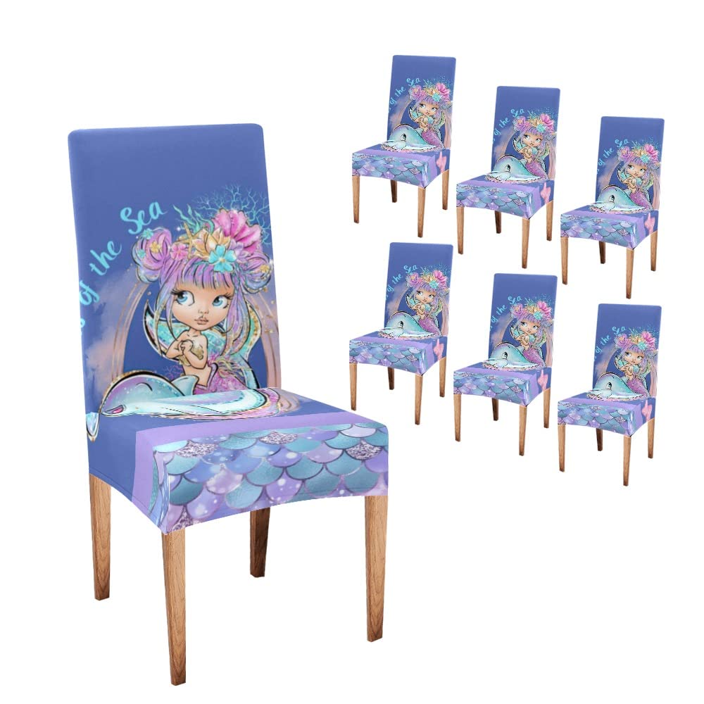 Stretchable Watercolor Dolphin Mermaid Dining Chair Covers - Washable & Removable Slipcovers (Set of 6) for Home, Restaurant, and Party Decor