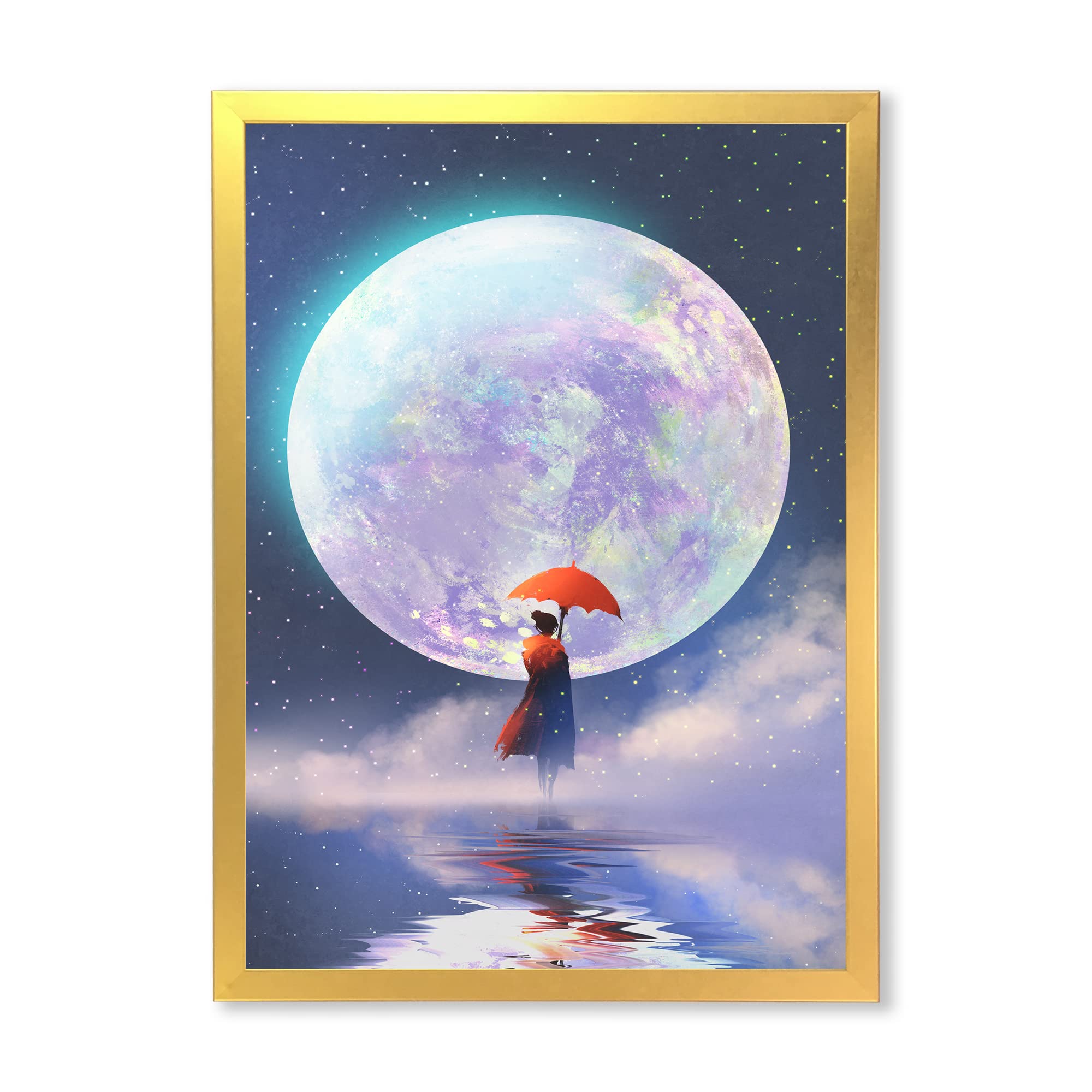 DesignQ Traditional Framed Wall Art - Woman with Umbrella Standing on Water Against Moon - Elegant Home Decor for Living Room, Bedroom & Office