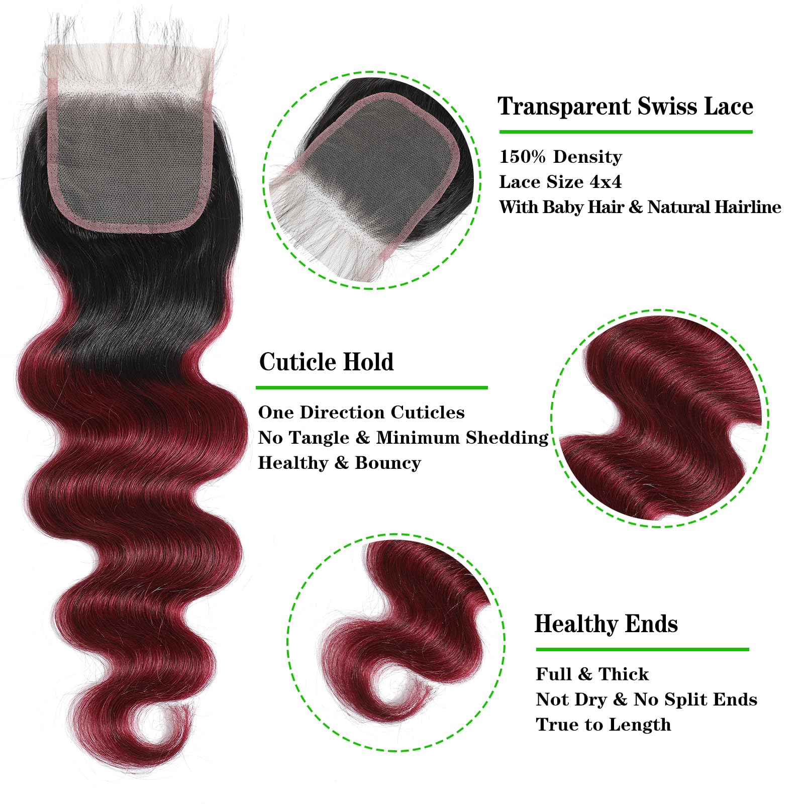 Kapelli 10A Brazilian Human Hair Bundles with Closure - Ombre Body Wave Weave (14 16 18+12 Inch) 2-Tone Black to Burgundy | Perfect for Sew-in Weaves, Extensions & Protective Styles